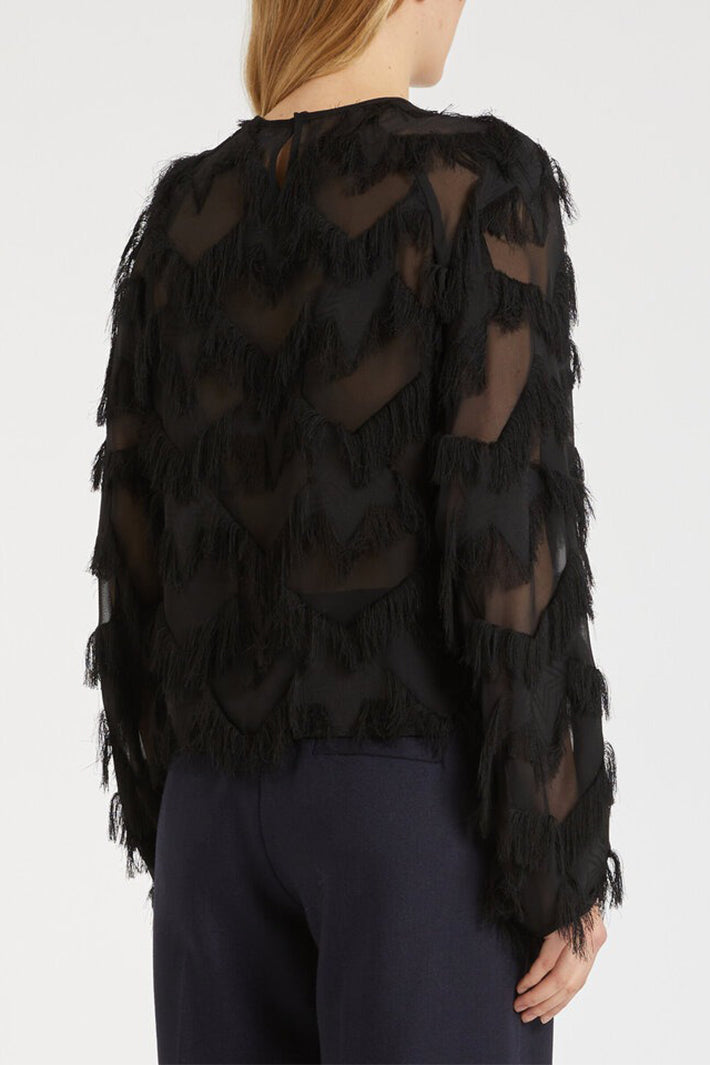 Black feathered top worn by a person on a white background