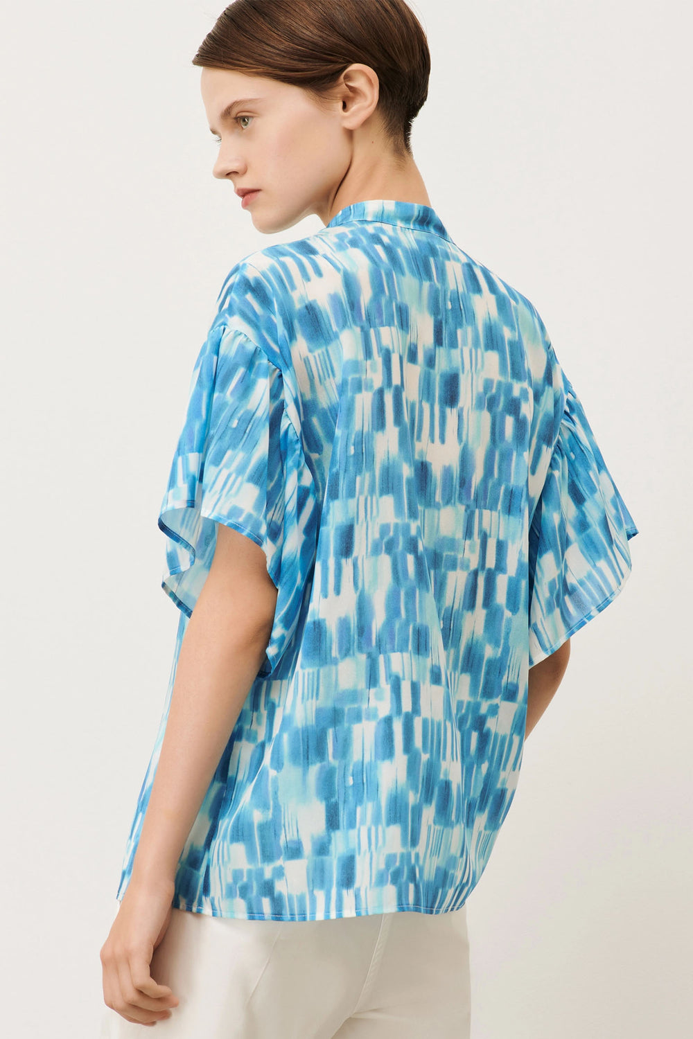 Marella Oracolo 2413111092200 Turquoise Blue Print Silk Short Sleeve Shirt - Olivia Grace Fashion