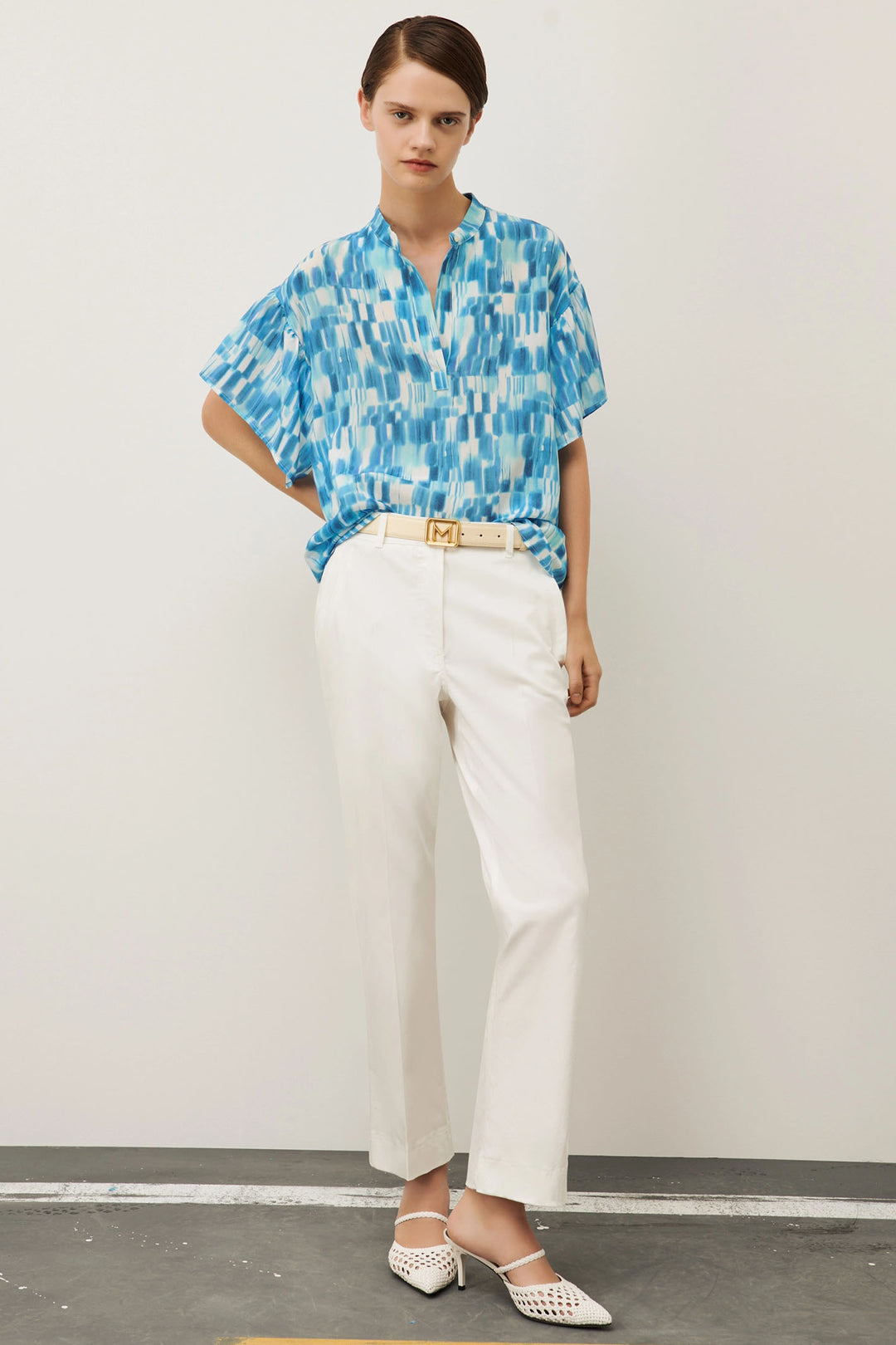 Marella Oracolo 2413111092200 Turquoise Blue Print Silk Short Sleeve Shirt - Olivia Grace Fashion