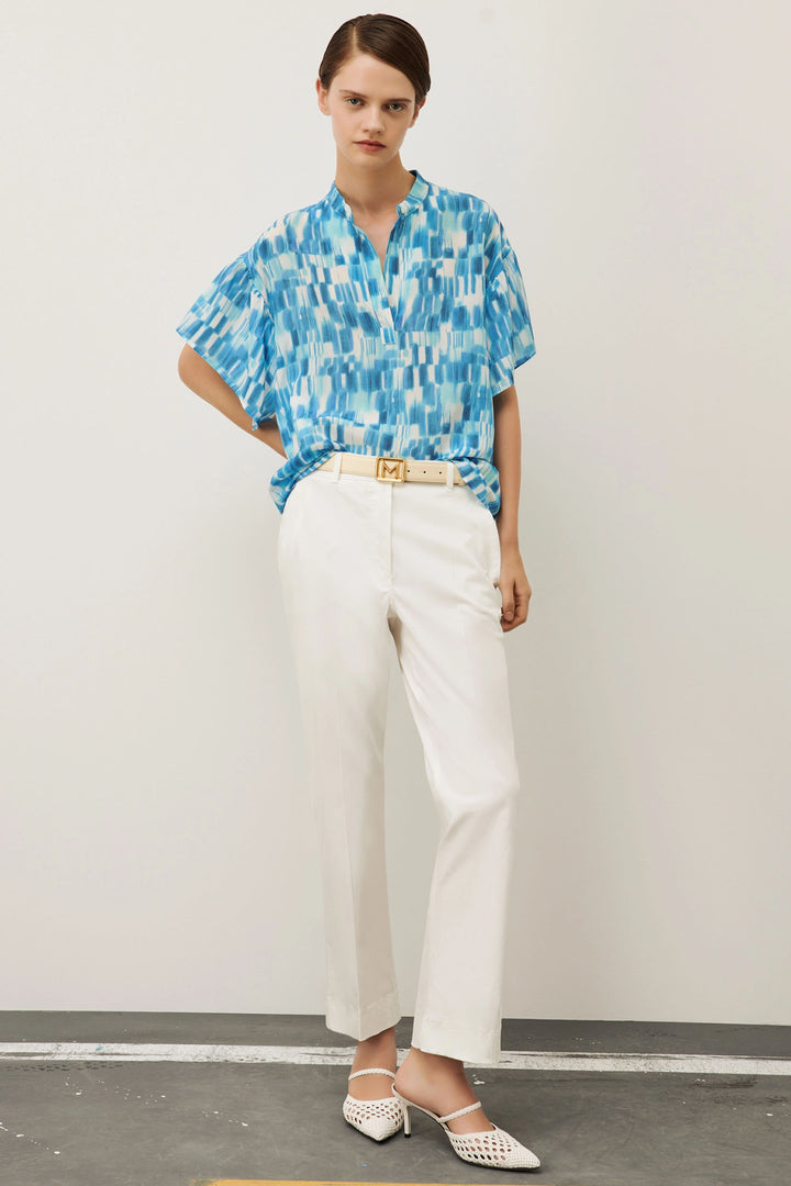 Marella Oracolo 2413111092200 Turquoise Blue Print Silk Short Sleeve Shirt - Olivia Grace Fashion