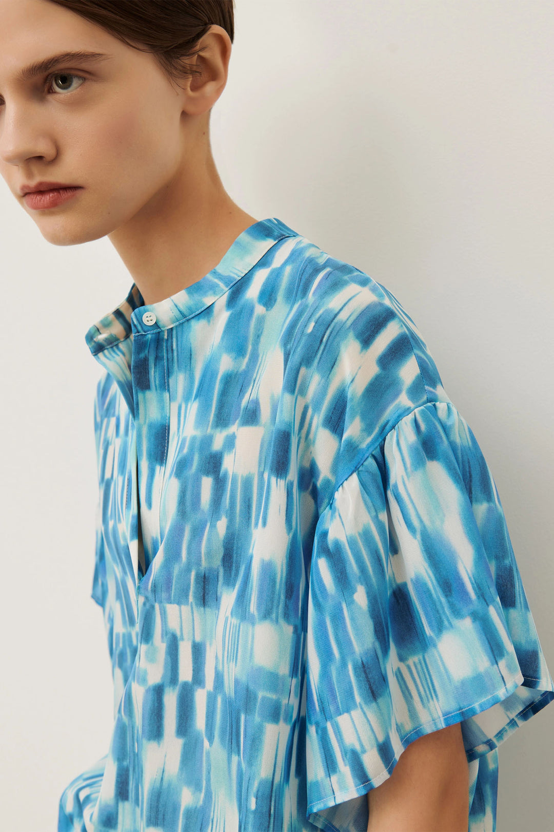 Marella Oracolo 2413111092200 Turquoise Blue Print Silk Short Sleeve Shirt - Olivia Grace Fashion