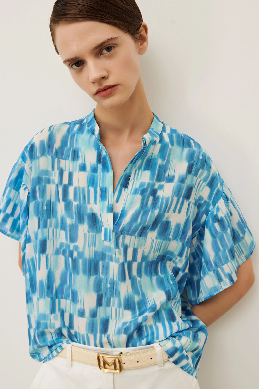 Marella Oracolo 2413111092200 Turquoise Blue Print Silk Short Sleeve Shirt - Olivia Grace Fashion