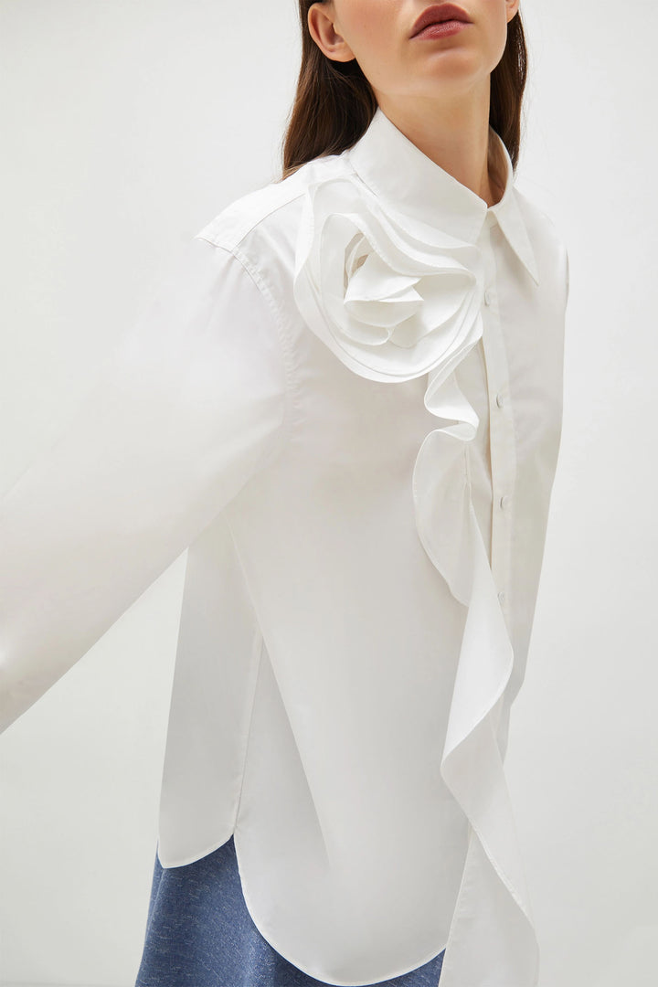 Marella Shirt Ketch White Cotton Ruffle Front 2513111101200 001 - Olivia Grace Fashion