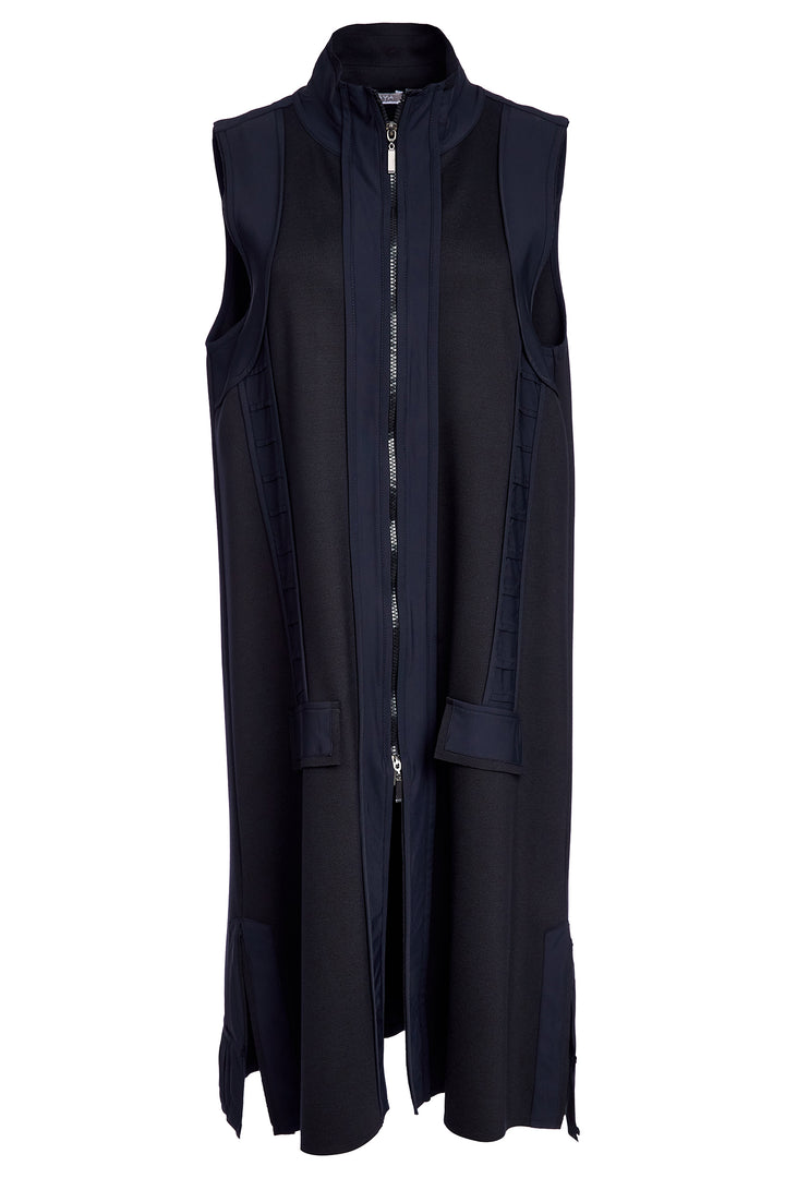 Black sleeveless vest with a zipper on a white background