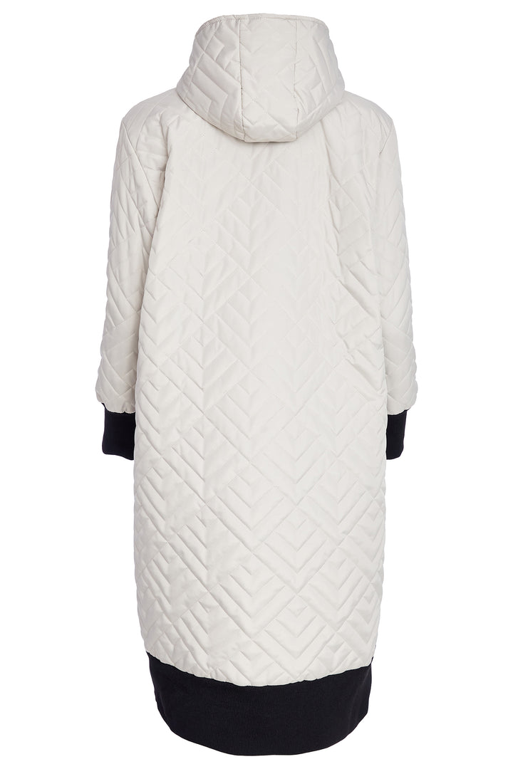 Taupe quilted coat with black accents on a white background