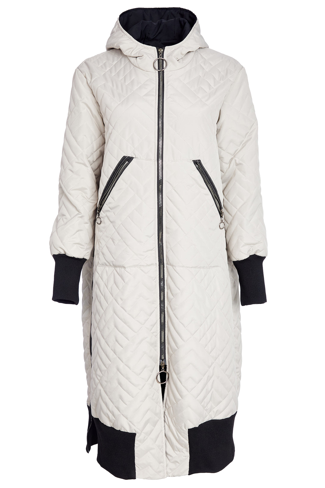 Quilted coat with black accents on a white background