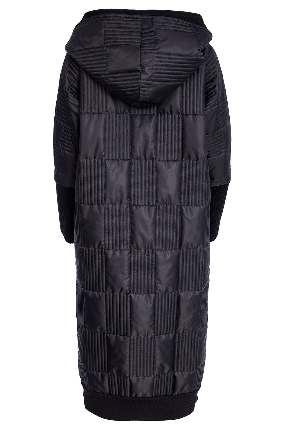 Black quilted coat with a hood on a white background