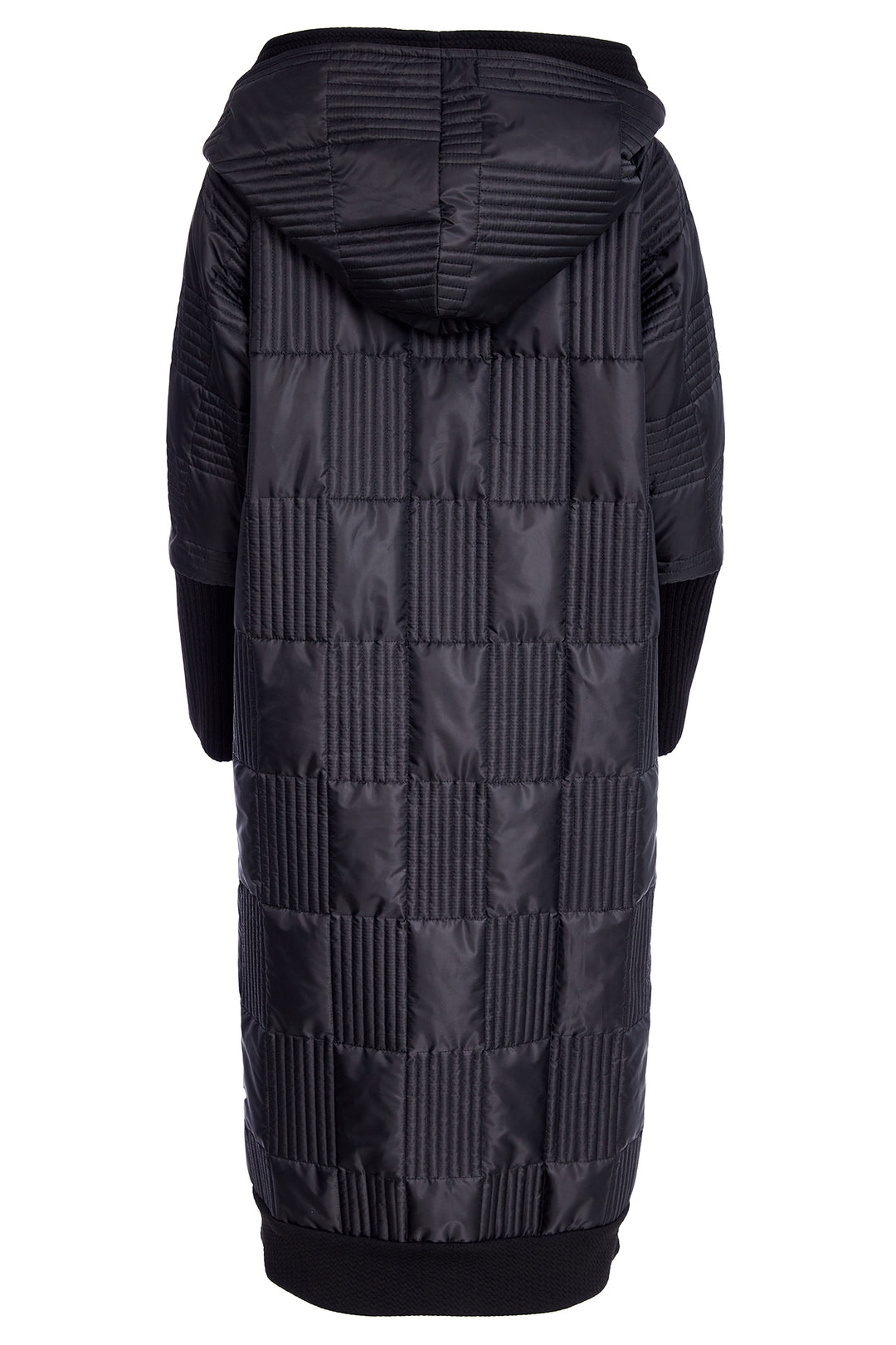 Black quilted coat with a hood on a white background