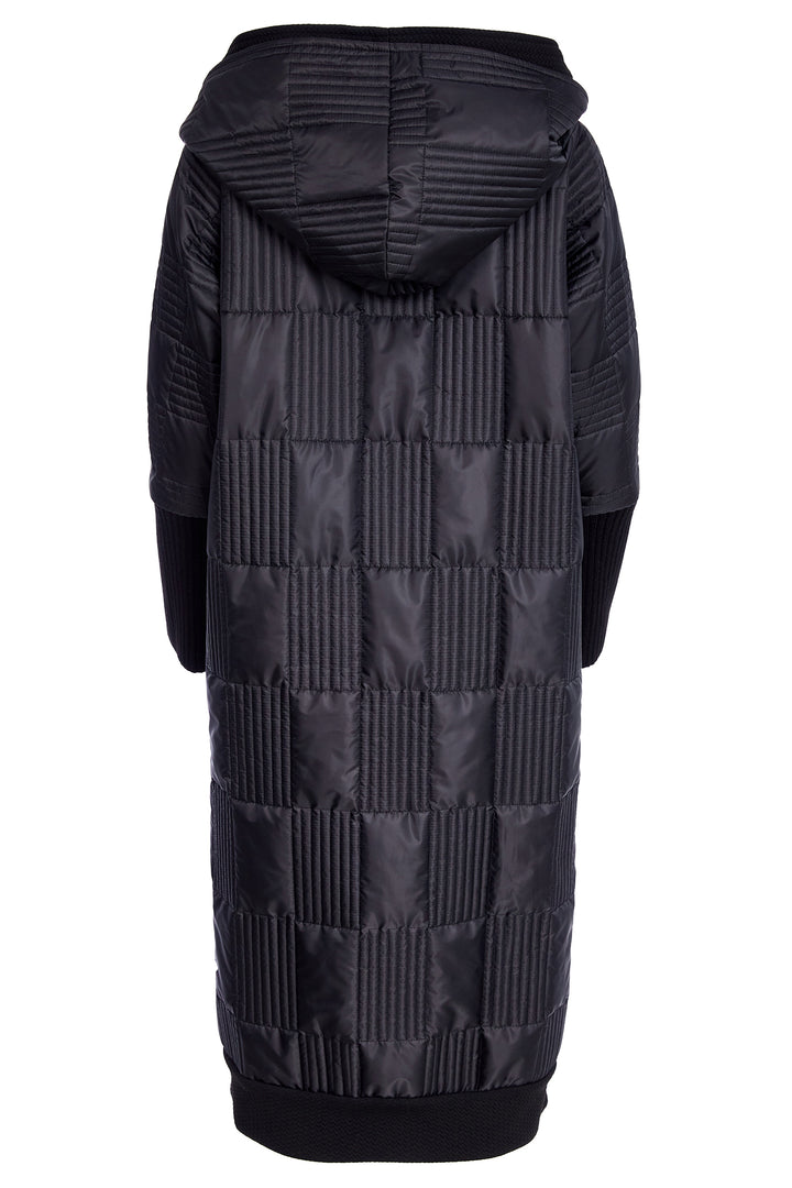 Black quilted coat with a hood on a white background