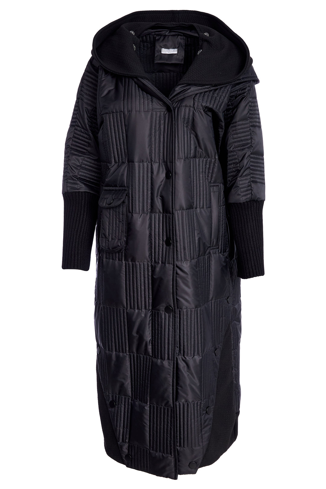 Black quilted coat with a hood on a white background