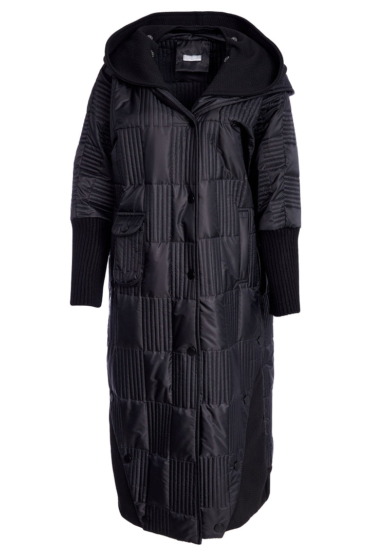 Black quilted coat with a hood on a white background