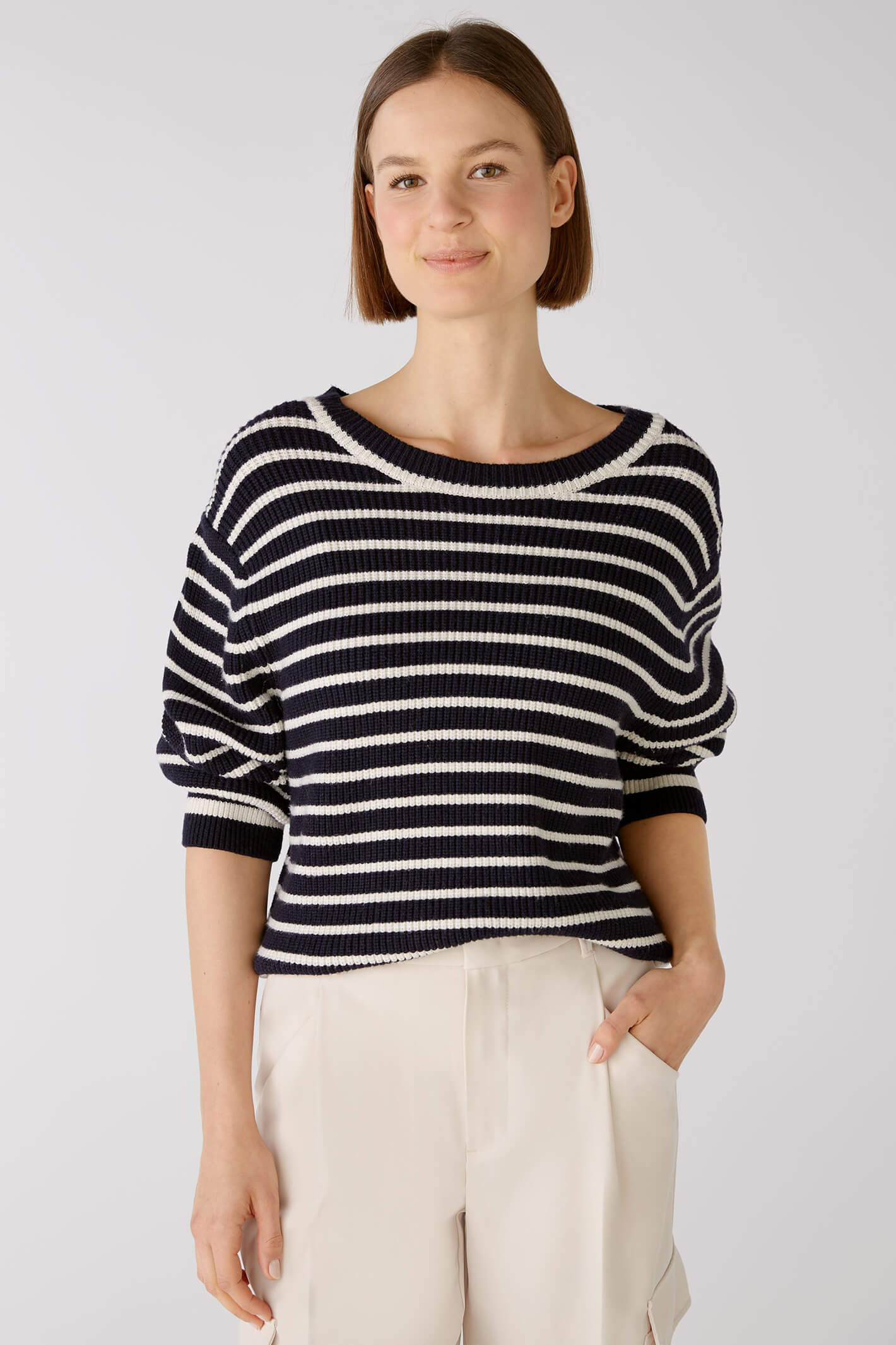 Oui Round Neck Stripe Knit Jumper With Short Sleeves White/blue main image 0