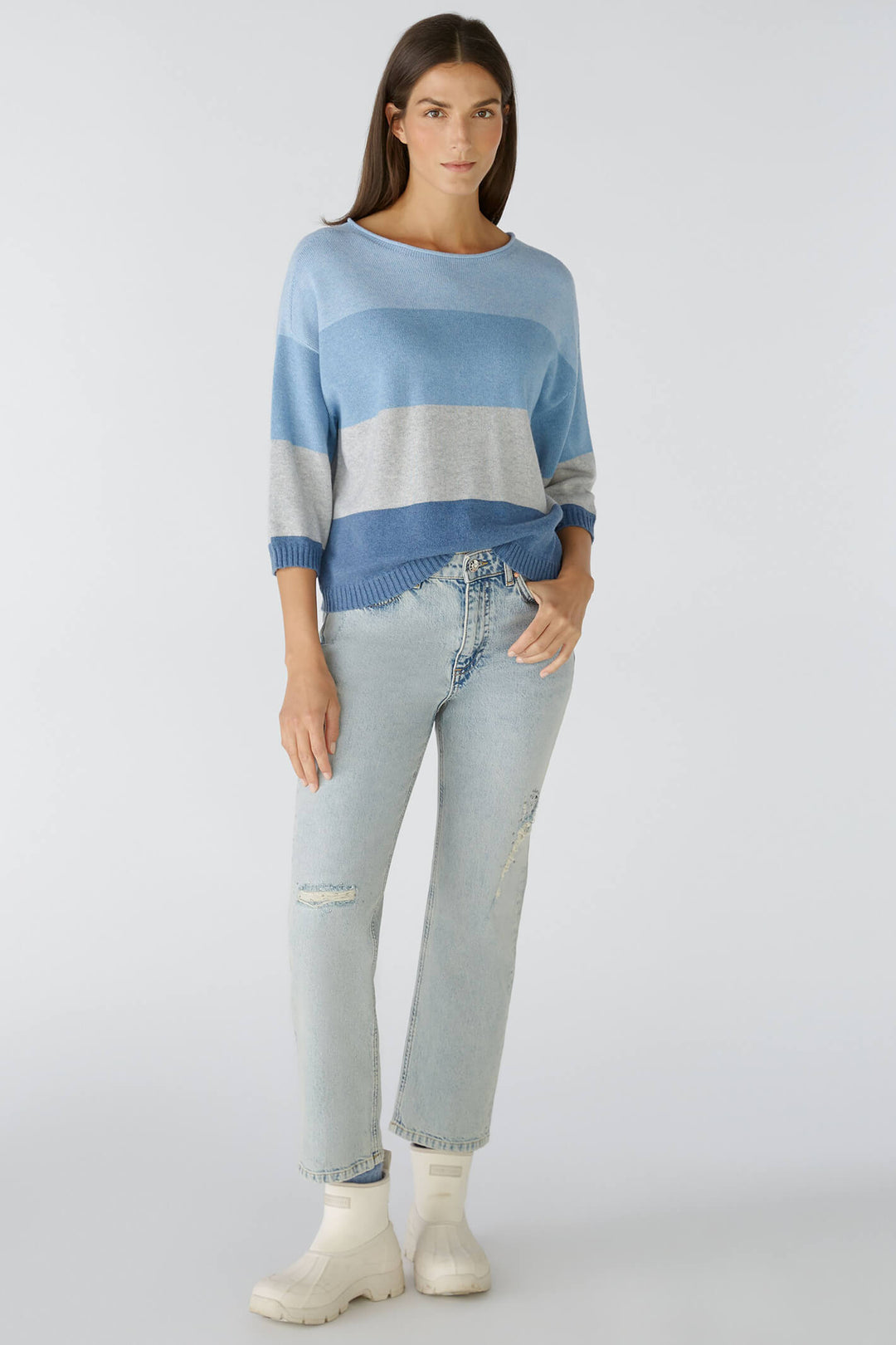 Oui 79351 Light Blue Grey Wide Neck Striped Jumper - Olivia Grace Fashion