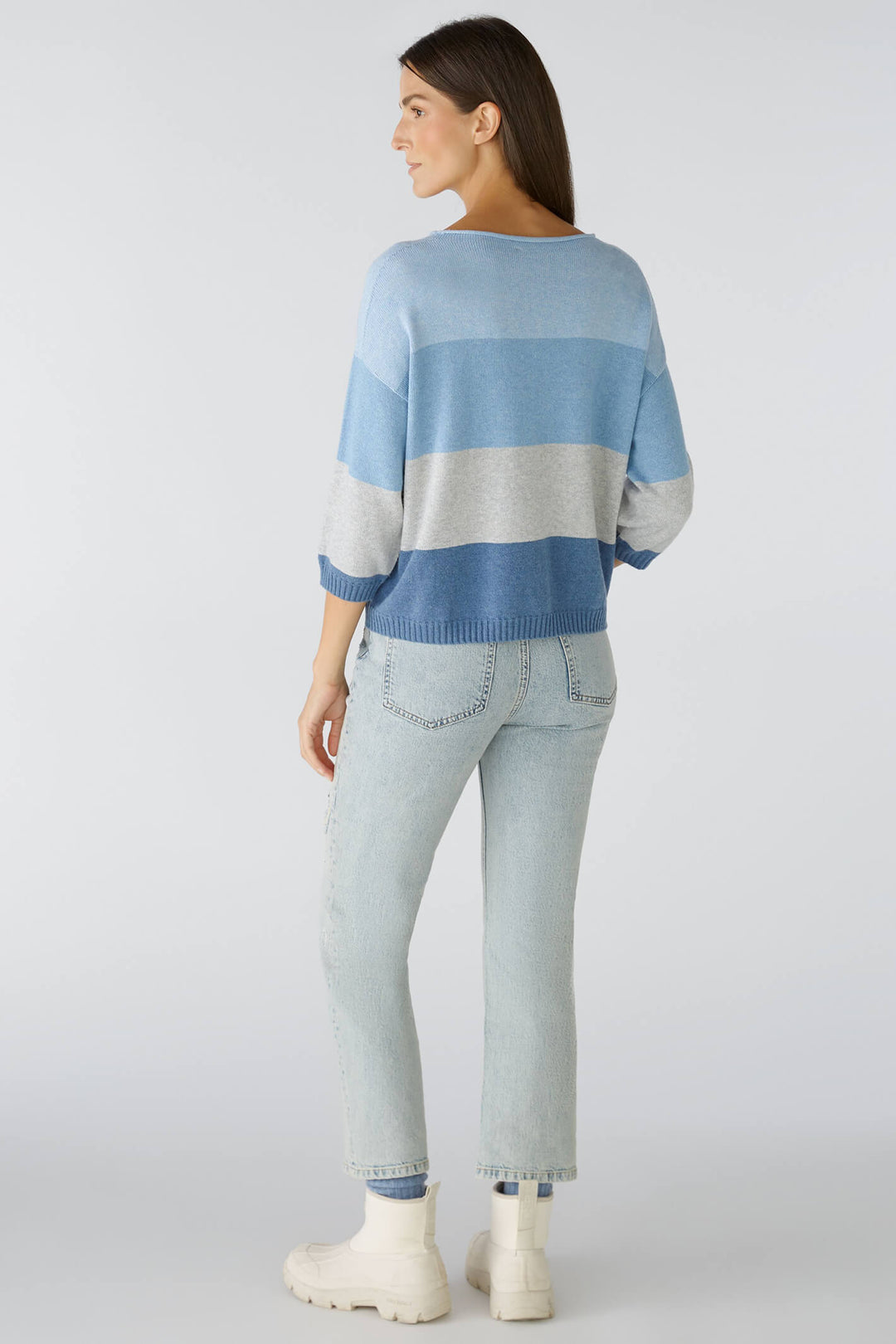 Oui 79351 Light Blue Grey Wide Neck Striped Jumper - Olivia Grace Fashion
