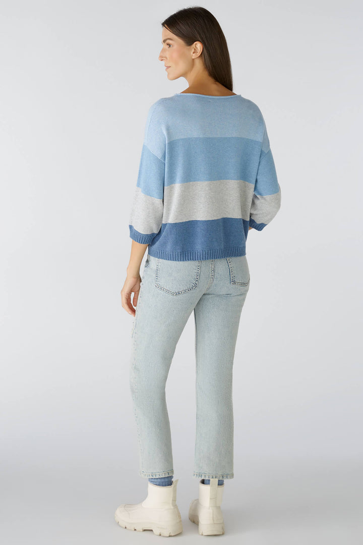 Oui 79351 Light Blue Grey Wide Neck Striped Jumper - Olivia Grace Fashion