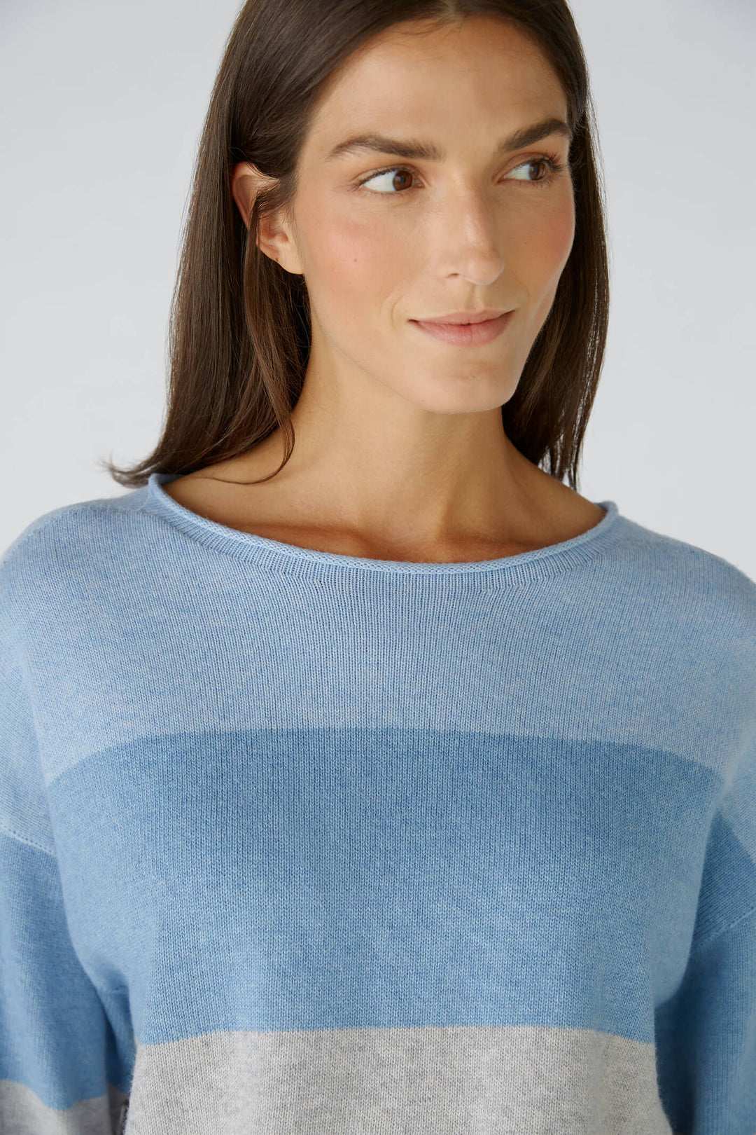 Oui 79351 Light Blue Grey Wide Neck Striped Jumper - Olivia Grace Fashion