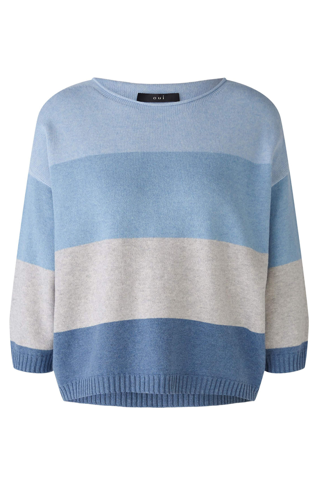Oui 79351 Light Blue Grey Wide Neck Striped Jumper - Olivia Grace Fashion