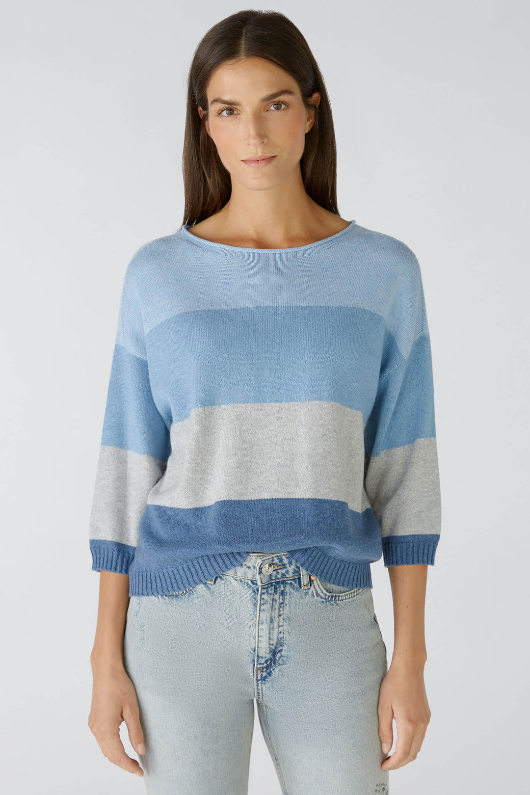 Oui 79351 Light Blue Grey Wide Neck Striped Jumper - Olivia Grace Fashion