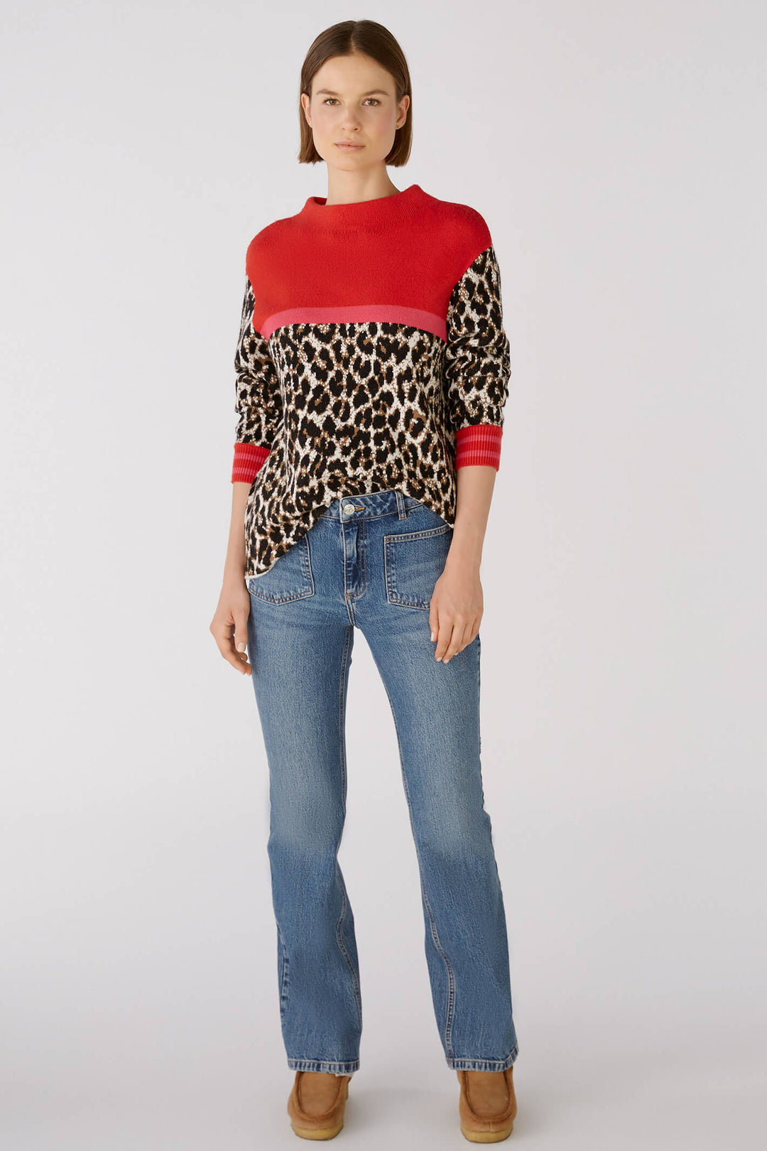 Oui 79599 Camel Red Animal Print Jumper - Olivia Grace Fashion