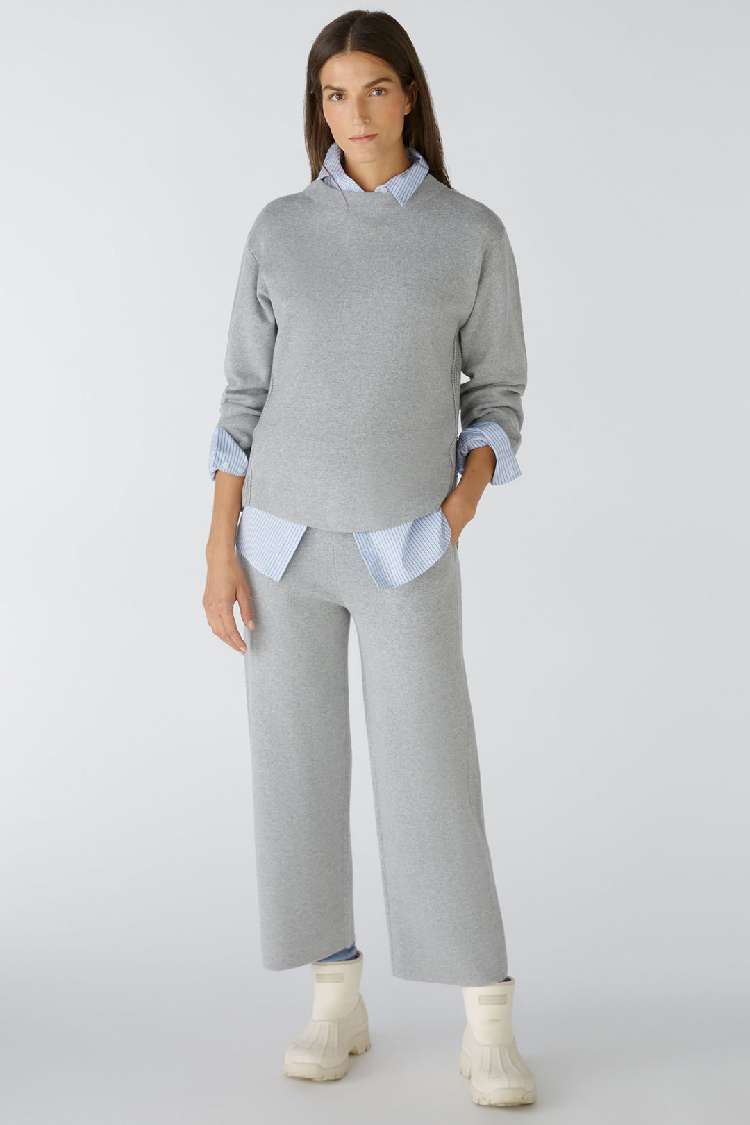Oui 85753 Light Grey Pull-On Wide Leg Cropped Trousers - Olivia Grace Fashion