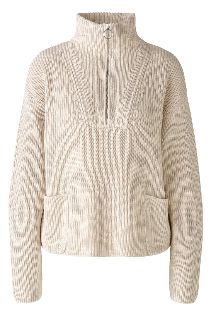Oui 86089 Light Beige Melange High Zip Neck Ribbed Knit Jumper - Olivia Grace Fashion