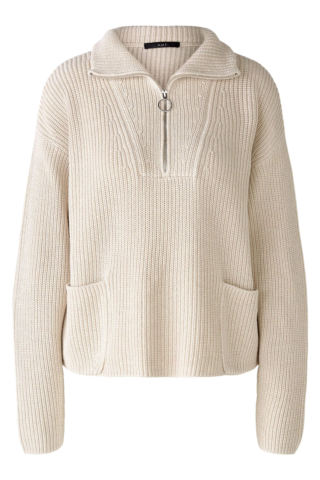 Oui 86089 Light Beige Melange High Zip Neck Ribbed Knit Jumper - Olivia Grace Fashion