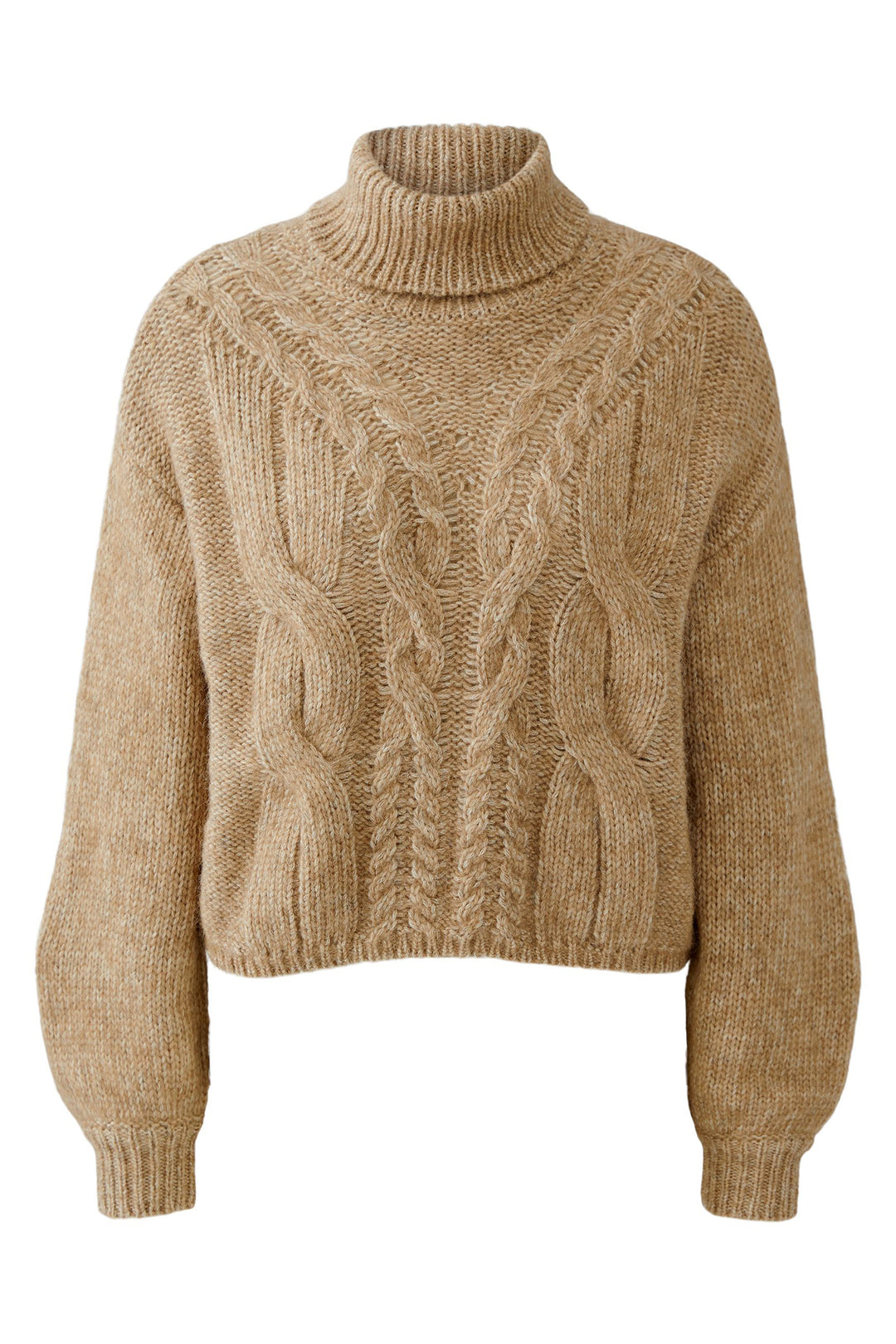 Beige knitted sweater with cable pattern on a white background