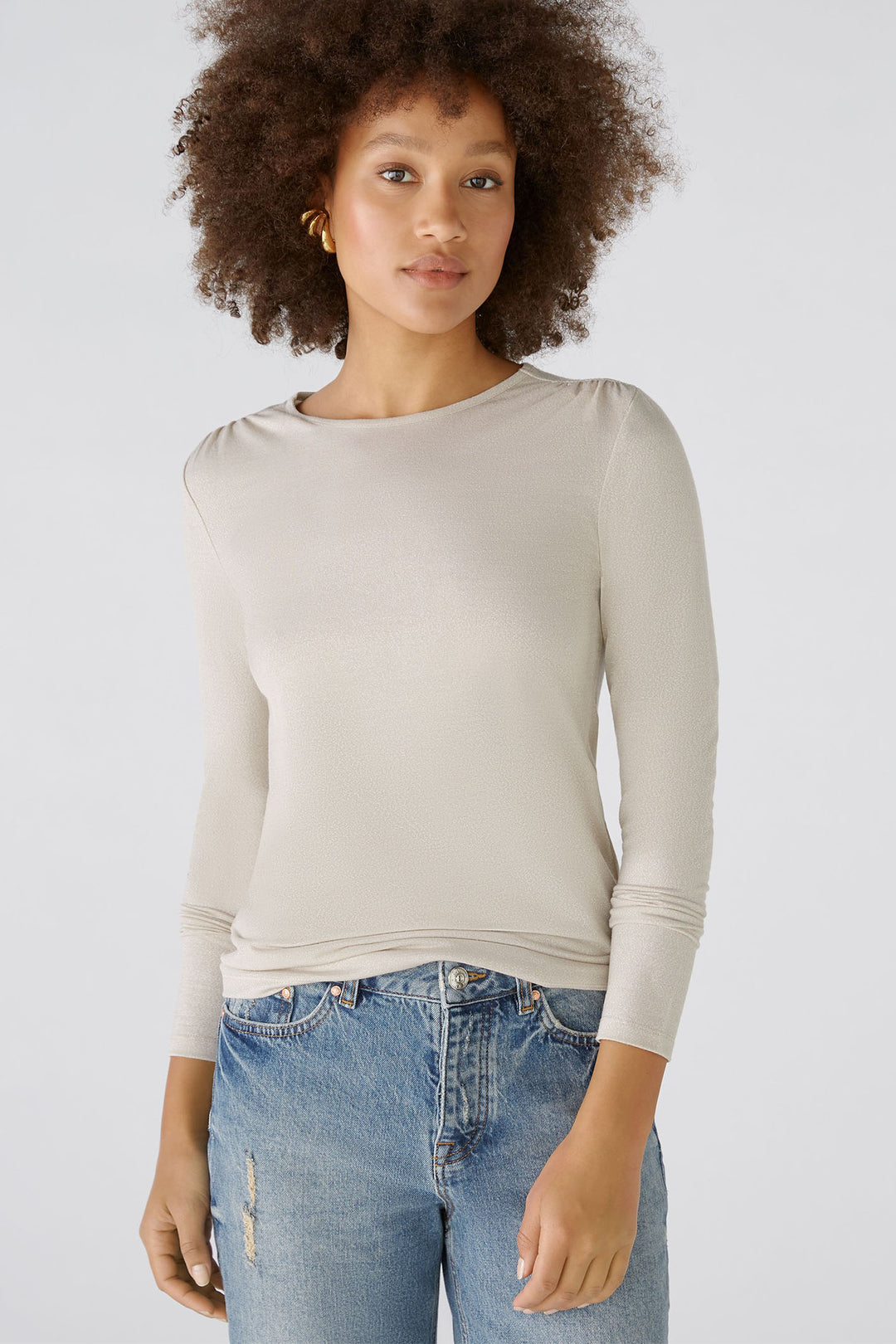 Oui Top Light Beige Melange Long Sleeve 86191-7065 - Olivia Grace Fashion