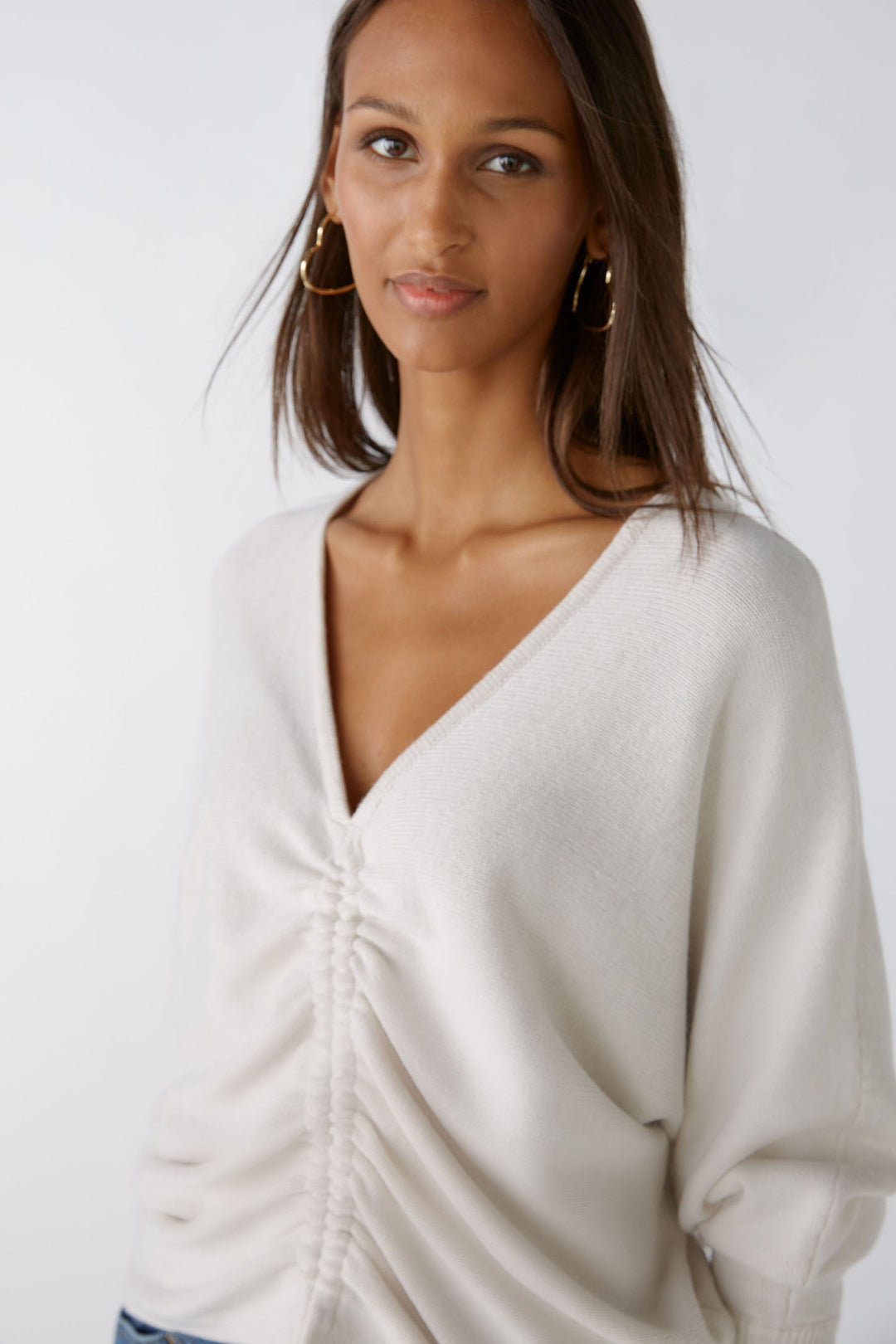 Oui 86648 Offwhite Gathered Front V-Neck Jumper - Olivia Grace Fashion