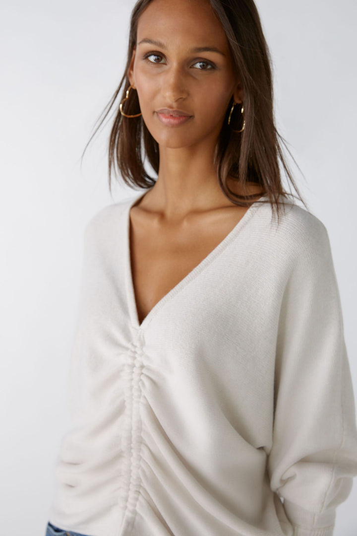 Oui 86648 Offwhite Gathered Front V-Neck Jumper - Olivia Grace Fashion
