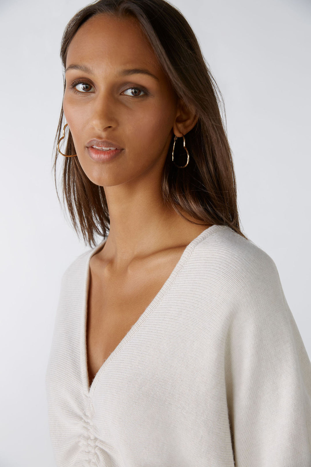 Oui 86648 Offwhite Gathered Front V-Neck Jumper - Olivia Grace Fashion
