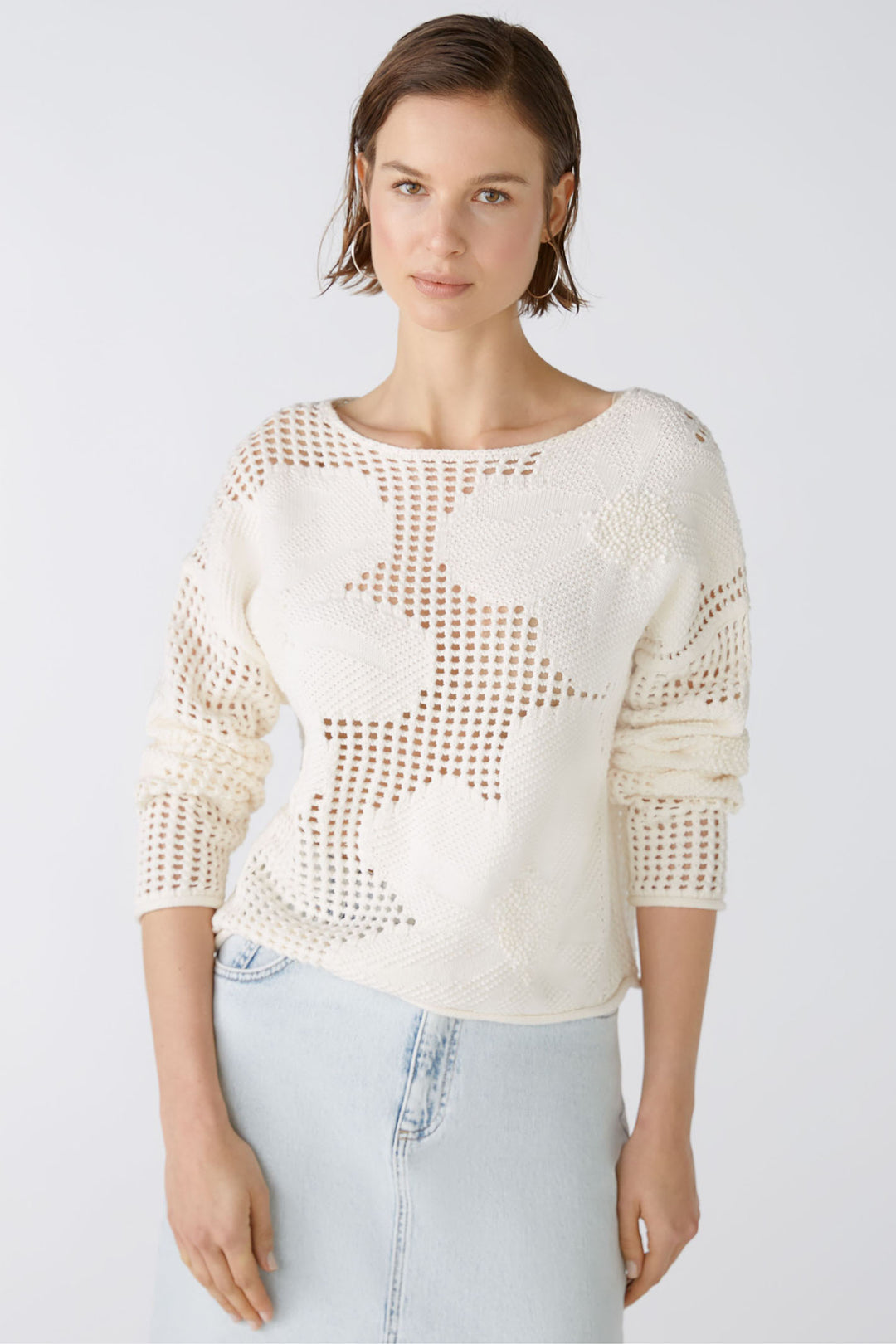 Oui 86664 Gardenia Cream Mesh Floral Jumper - Olivia Grace Fashion