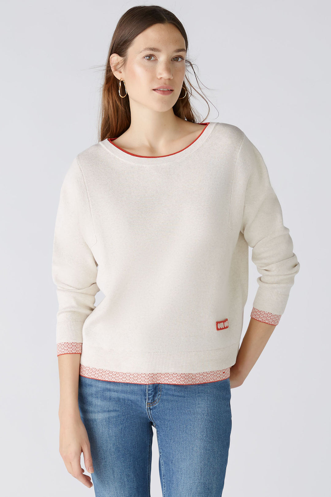 Oui 86667 White Red Wide Neck Jumper - Olivia Grace Fashion