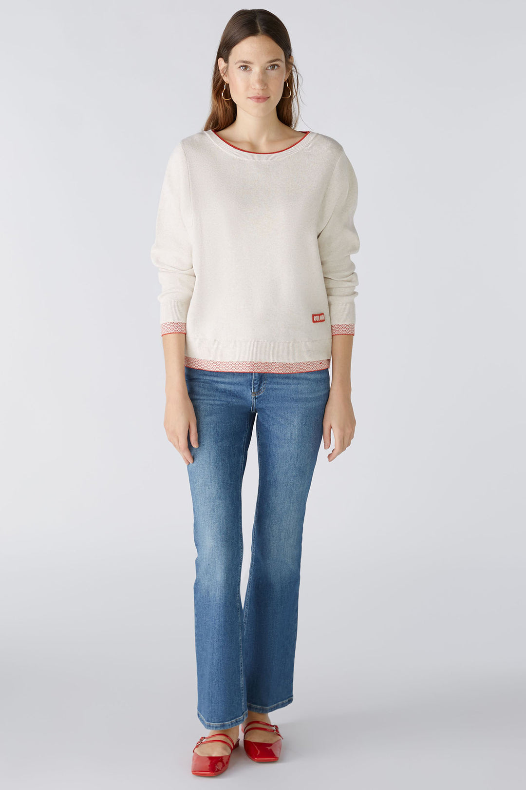 Oui 86667 White Red Wide Neck Jumper - Olivia Grace Fashion