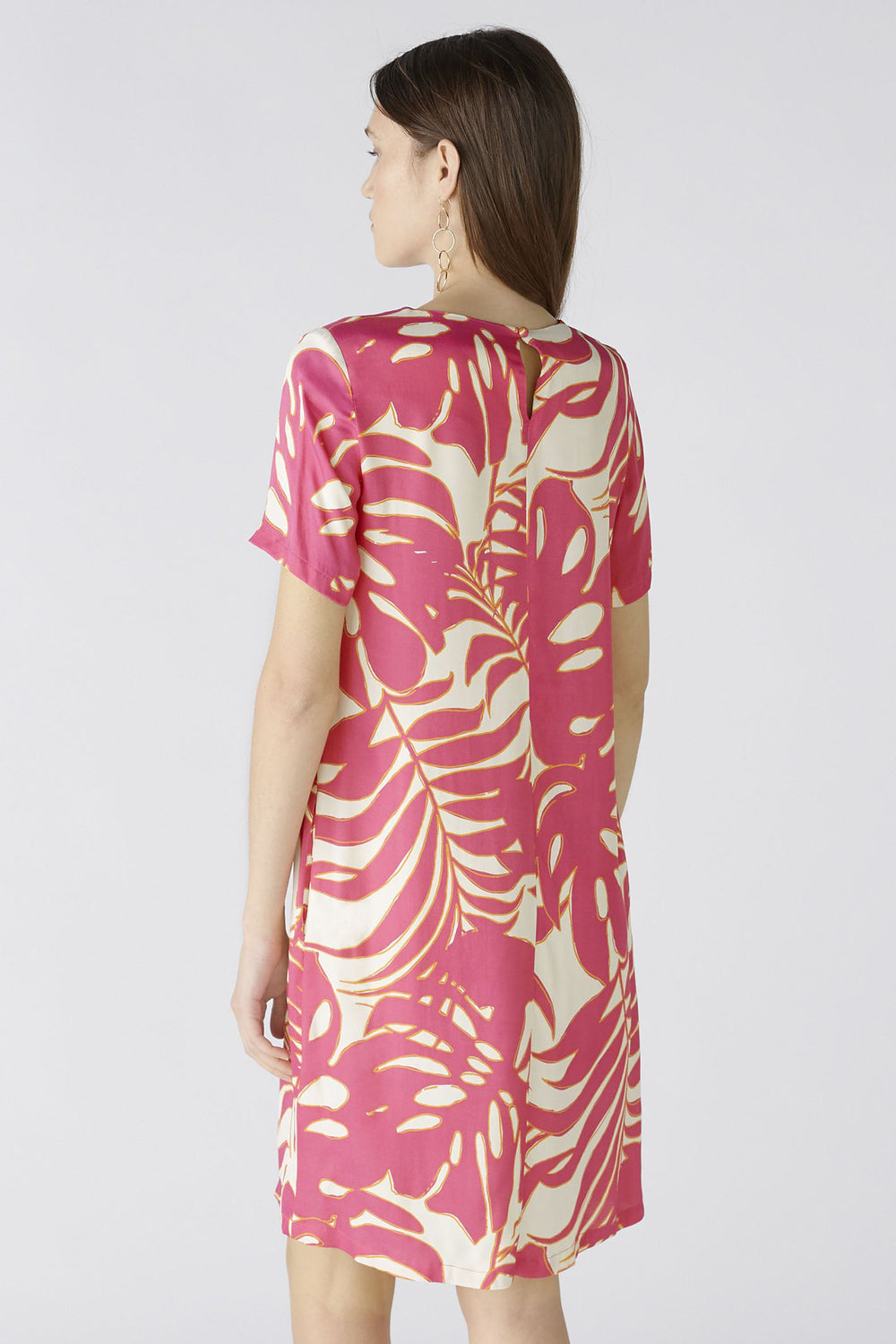 Oui 86713 Pink White Tropical Leaf Print Short Sleeve Dress - Olivia Grace Fashion