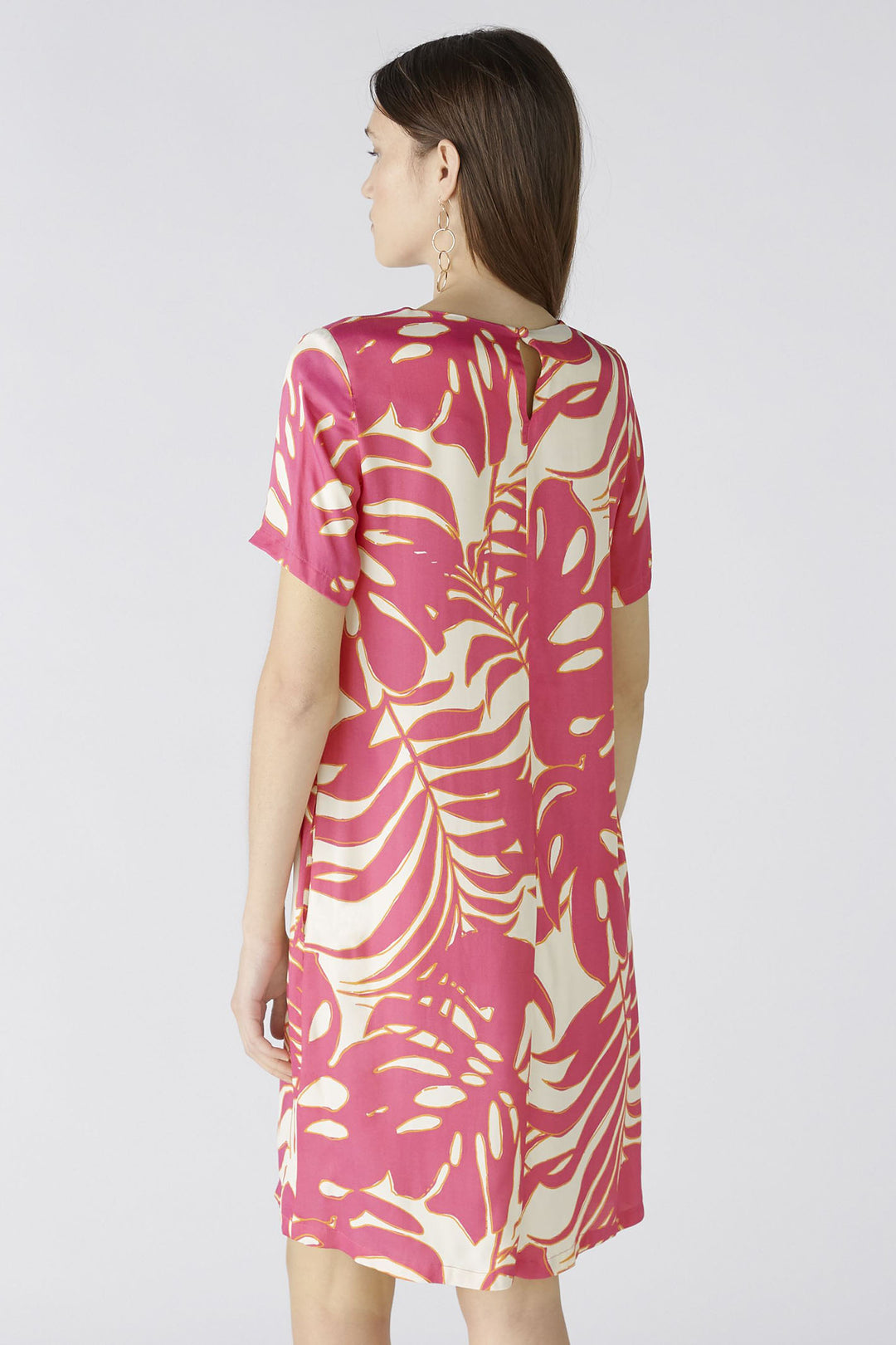 Oui 86713 Pink White Tropical Leaf Print Short Sleeve Dress - Olivia Grace Fashion