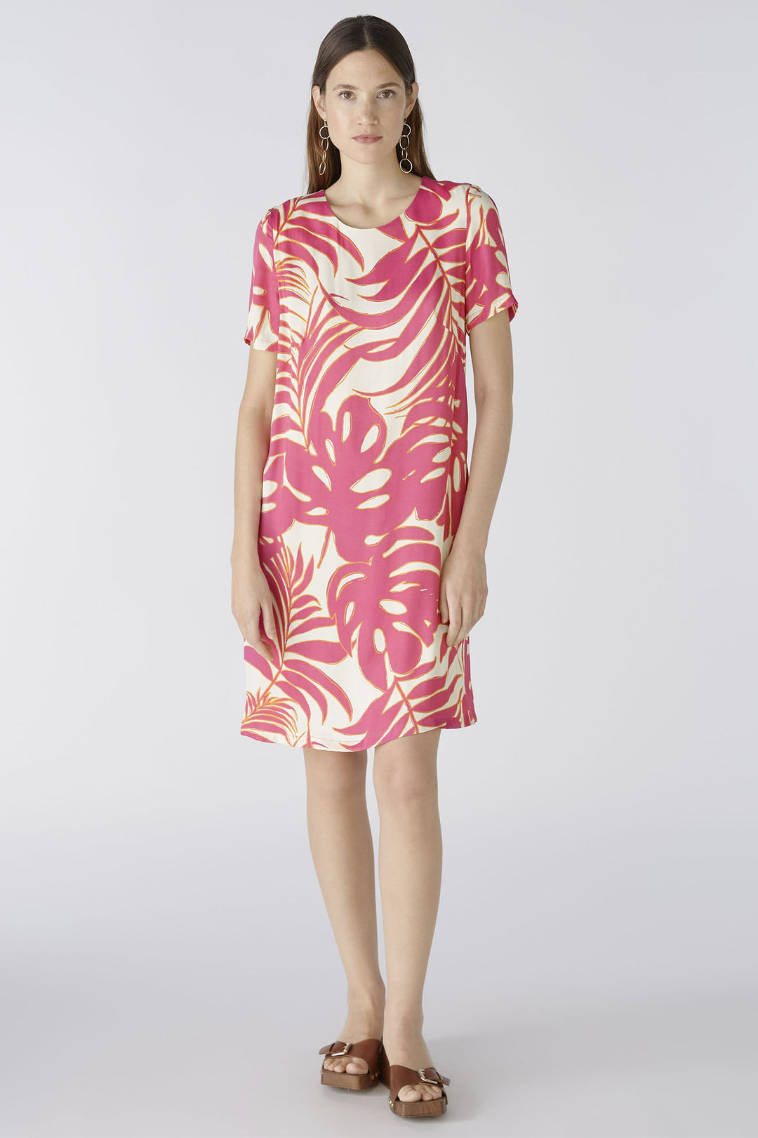 Oui 86713 Pink White Tropical Leaf Print Short Sleeve Dress - Olivia Grace Fashion