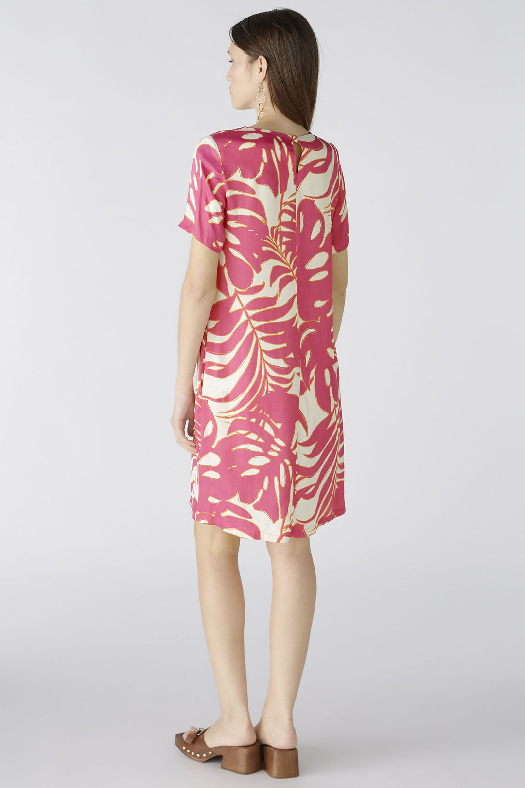 Oui 86713 Pink White Tropical Leaf Print Short Sleeve Dress - Olivia Grace Fashion