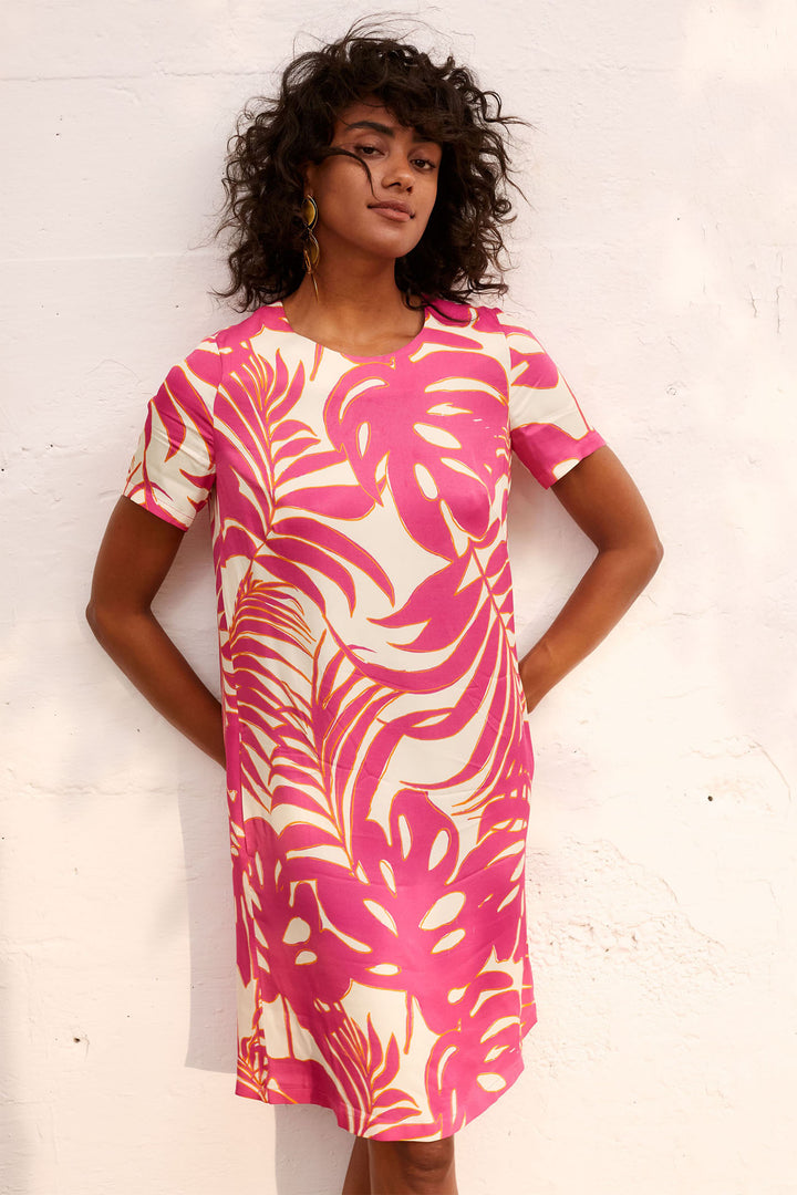 Oui 86713 Pink White Tropical Leaf Print Short Sleeve Dress - Olivia Grace Fashion