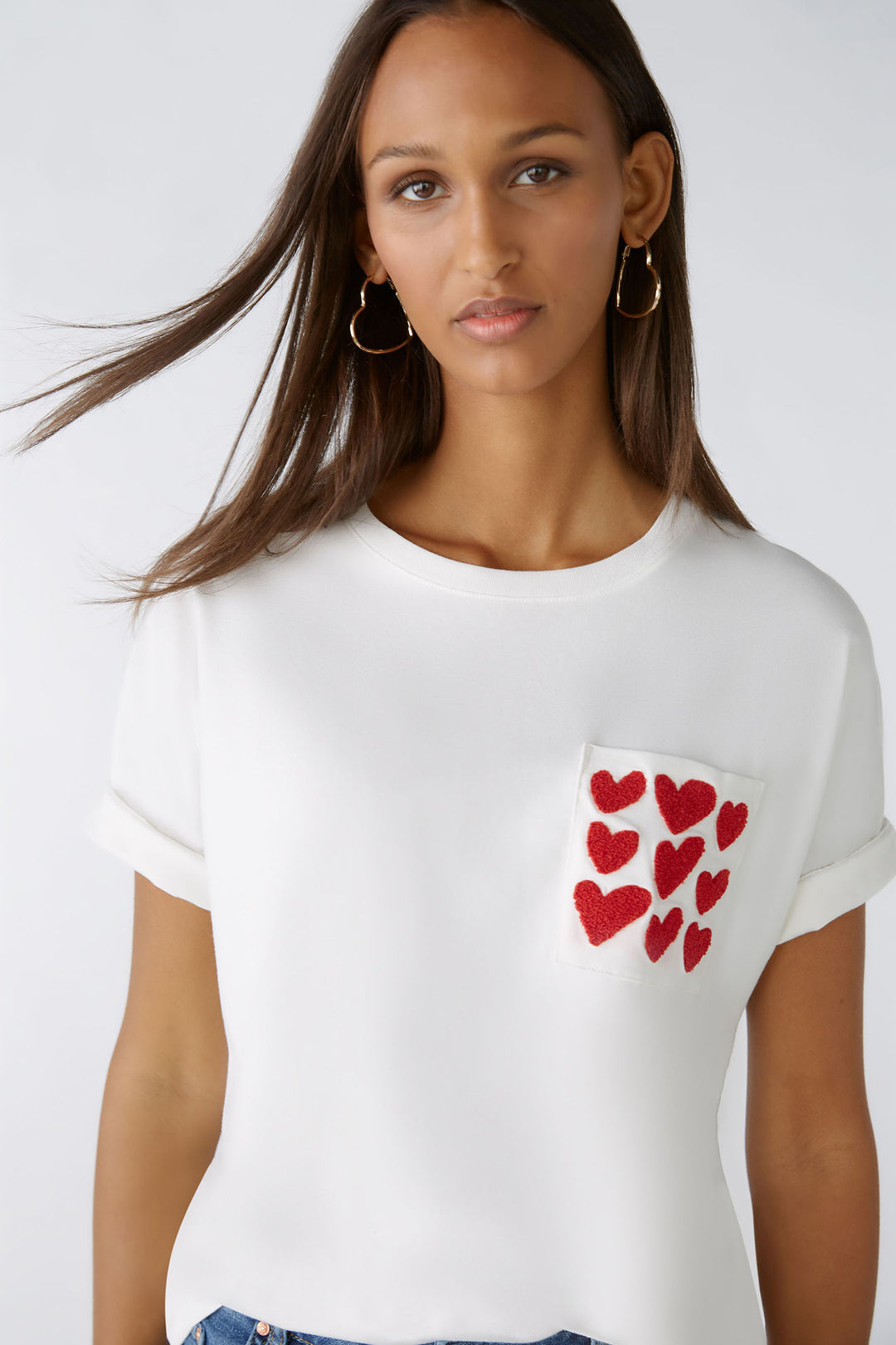 Oui 86759 White Cloud Dancer Red Heart Motif T-Shirt - Olivia Grace Fashion