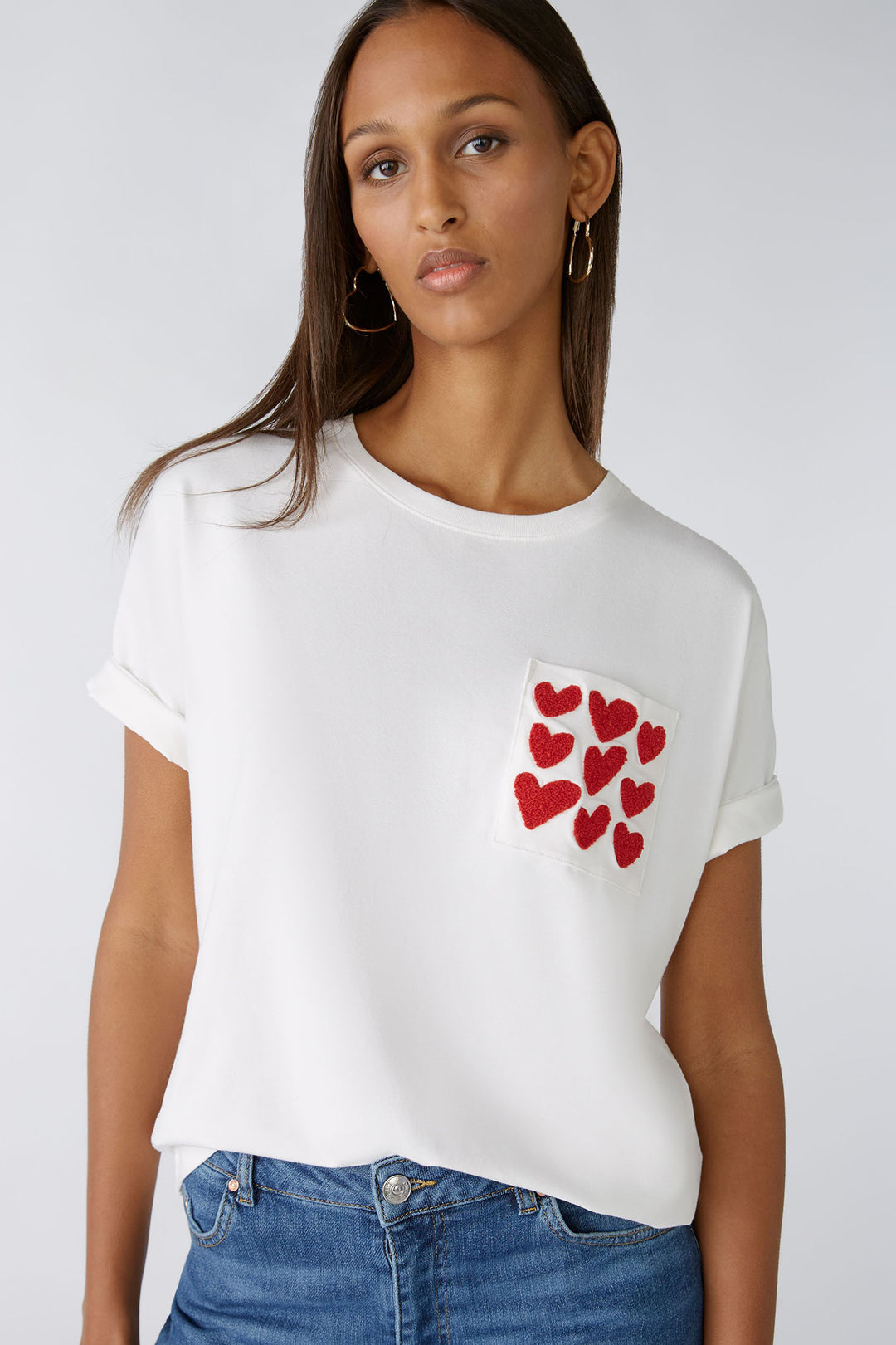 Oui 86759 White Cloud Dancer Red Heart Motif T-Shirt - Olivia Grace Fashion