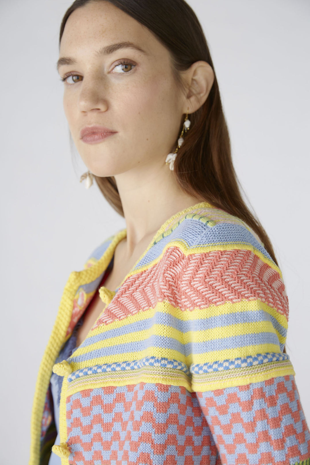 Oui 87308 Light Blue Yellow Multi Pattern Cardigan - Olivia Grace Fashion
