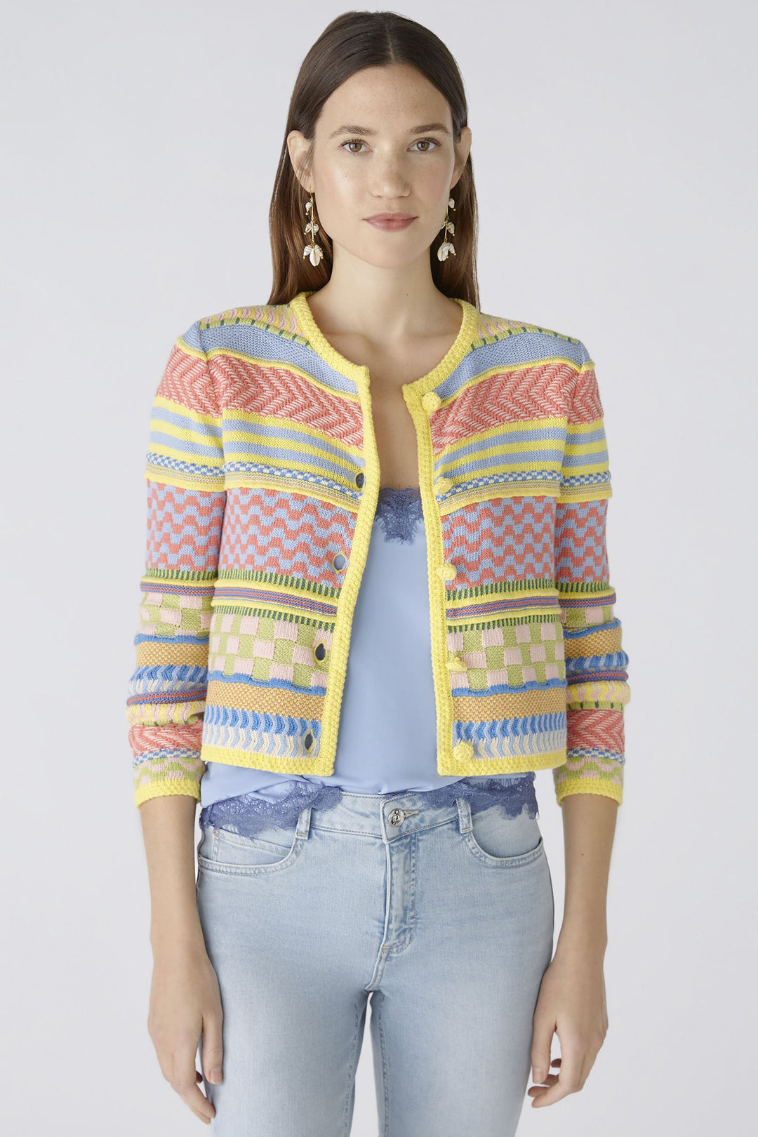 Oui 87308 Light Blue Yellow Multi Pattern Cardigan - Olivia Grace Fashion
