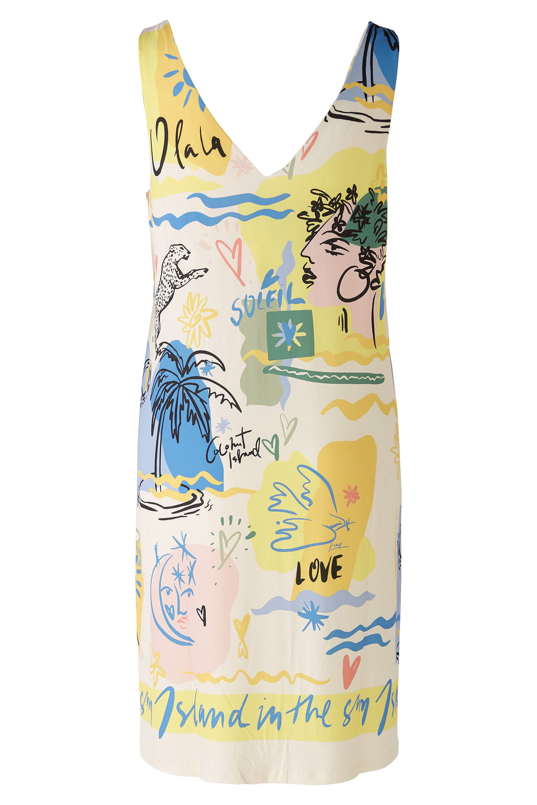 Oui 87319 Yellow Blue Summer Love Print Sleeveless Dress - Olivia Grace Fashion