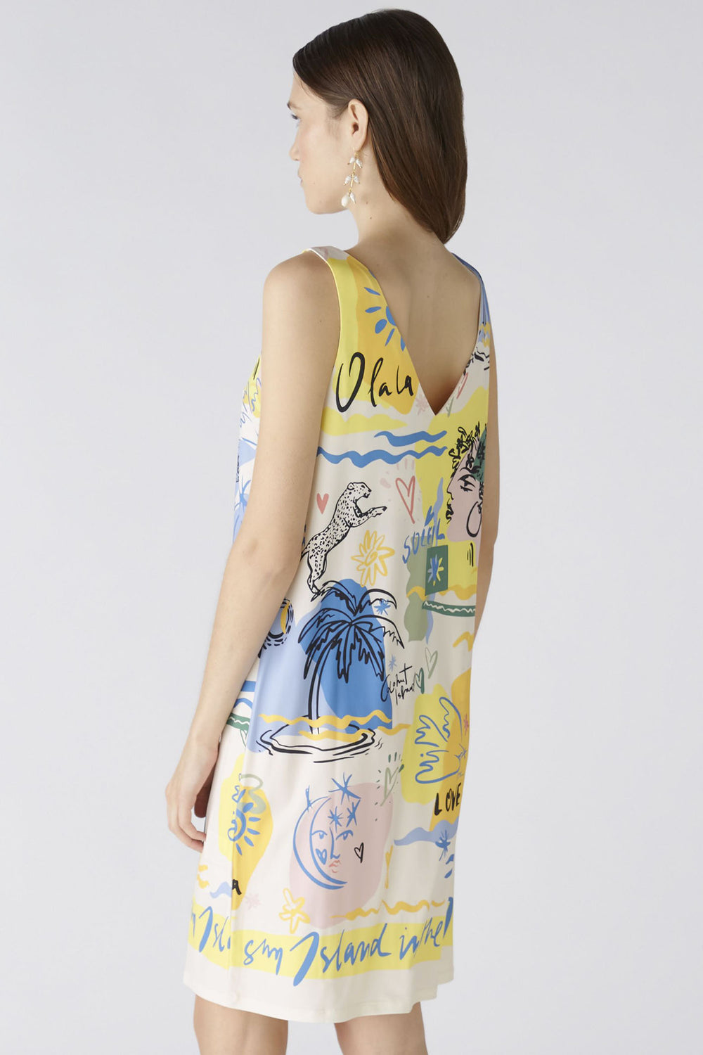 Oui 87319 Yellow Blue Summer Love Print Sleeveless Dress - Olivia Grace Fashion