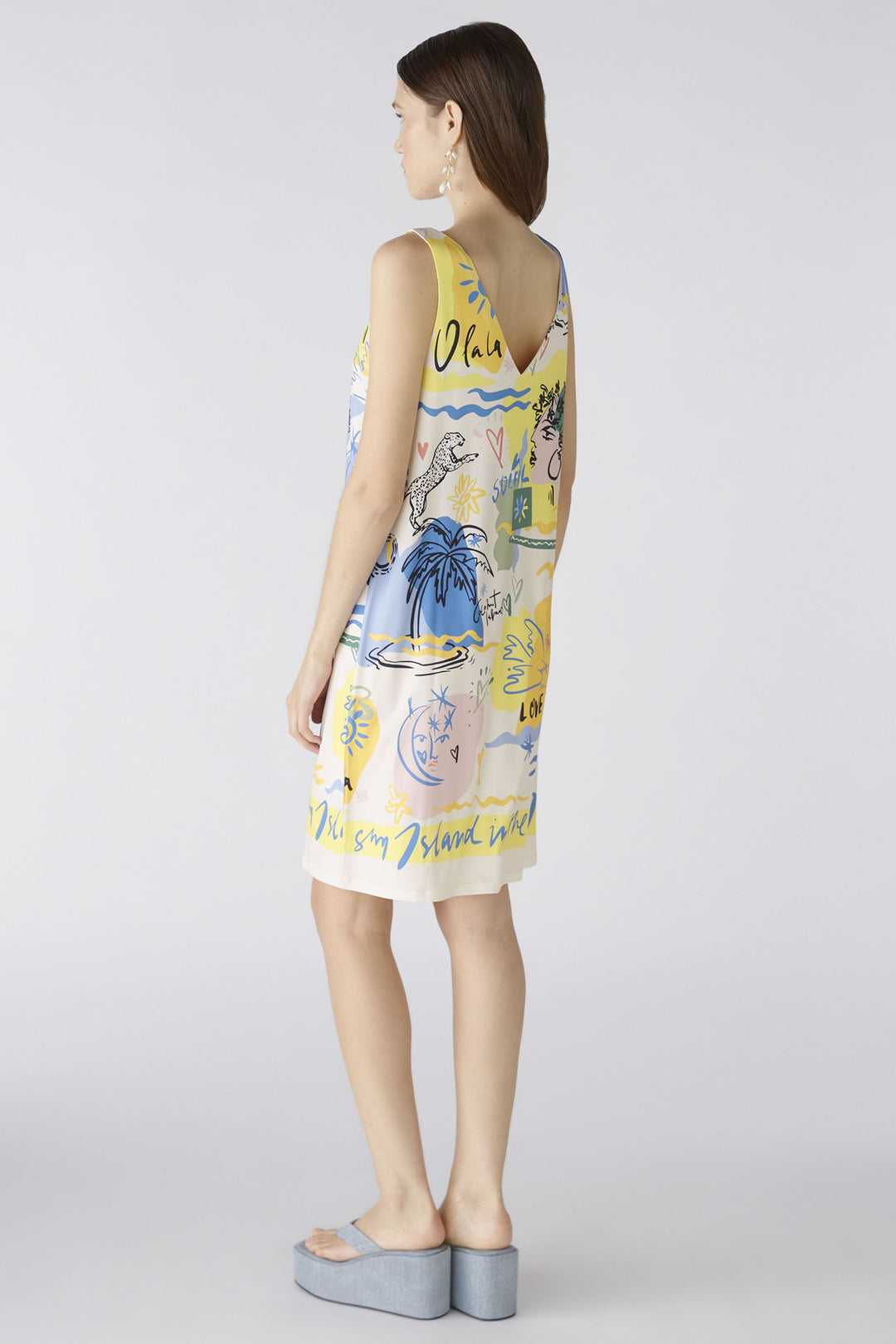 Oui 87319 Yellow Blue Summer Love Print Sleeveless Dress - Olivia Grace Fashion