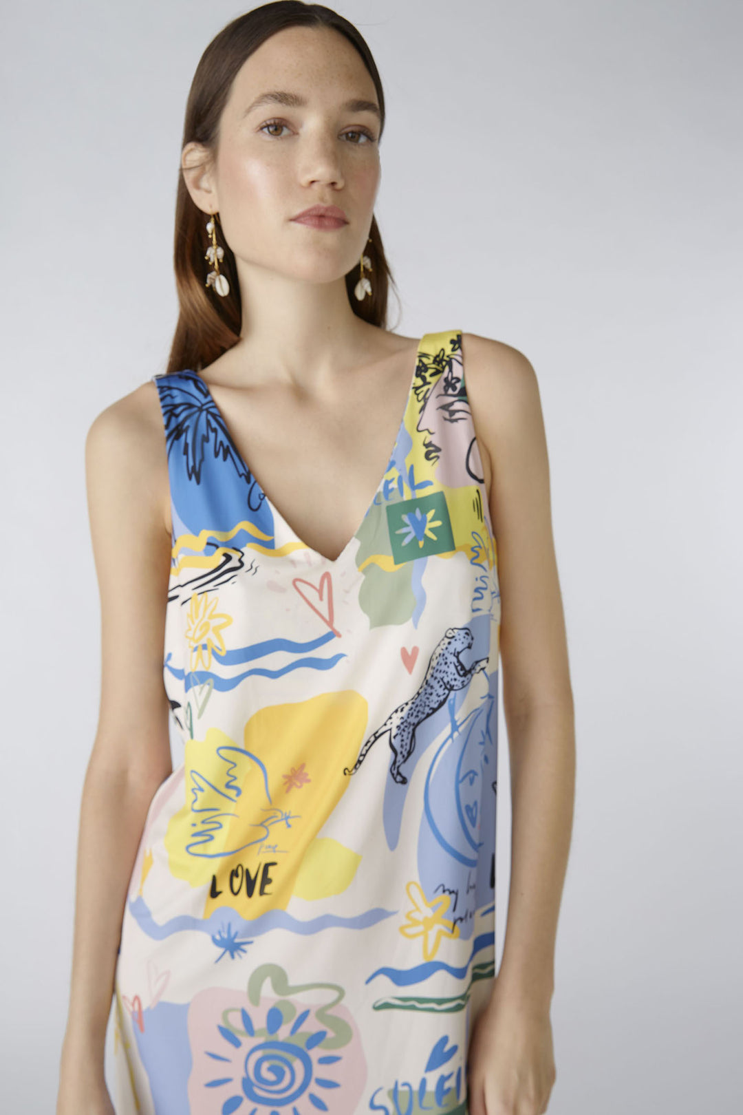 Oui 87319 Yellow Blue Summer Love Print Sleeveless Dress - Olivia Grace Fashion