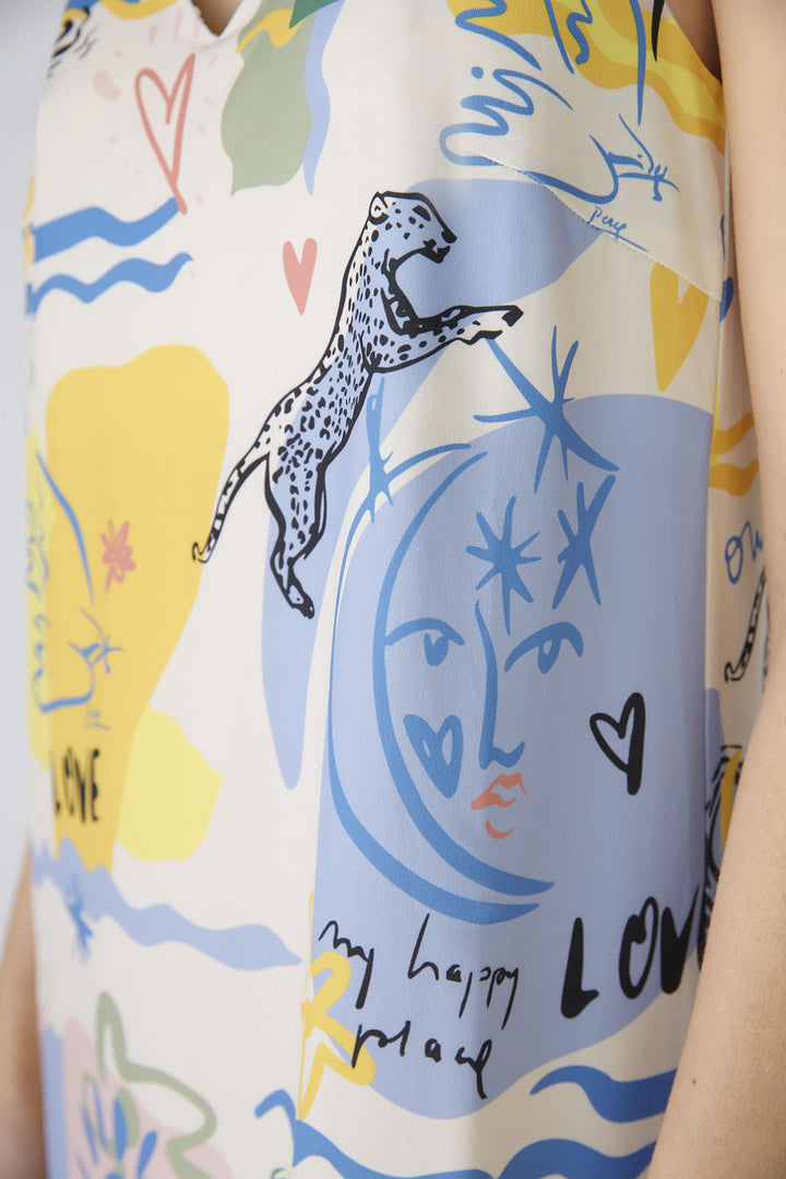 Oui 87319 Yellow Blue Summer Love Print Sleeveless Dress - Olivia Grace Fashion