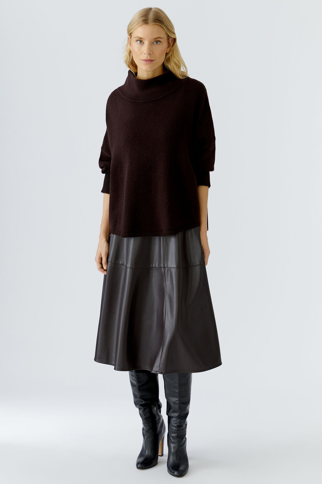 Oui 87352 Dark Brown Faux Leather A-Line Skirt