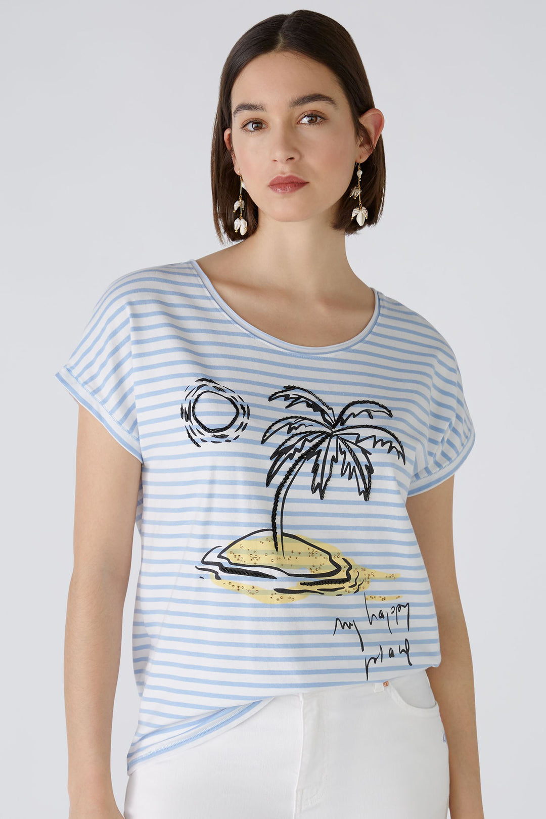 Oui 87383 Offwhite Blue Stripe Tropical Island Motif T-Shirt - Olivia Grace Fashion